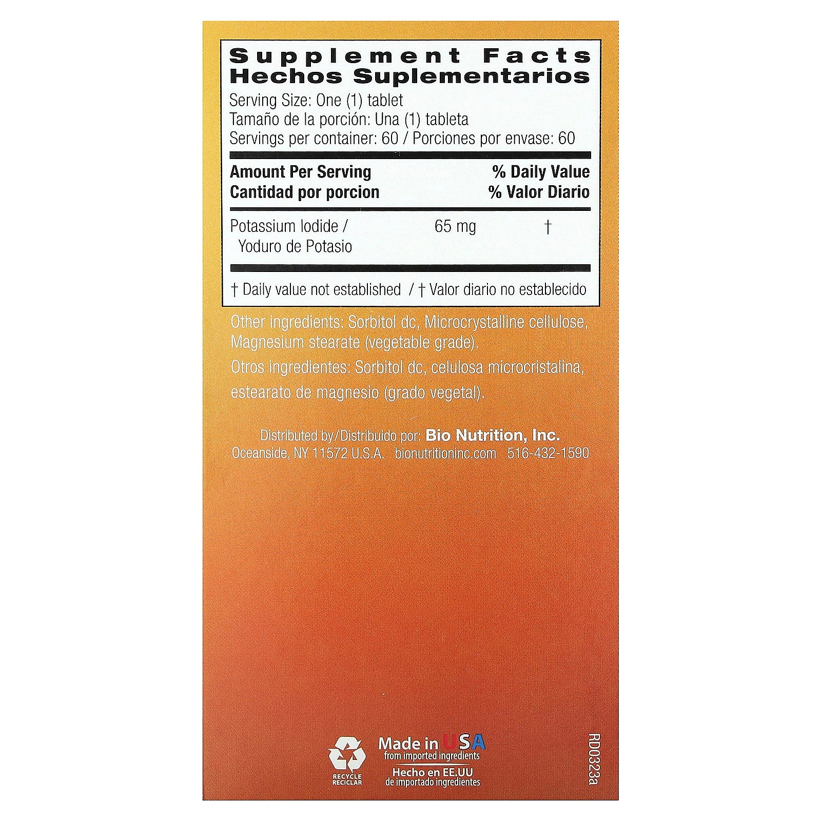 Foto 3 pulgar | Suplemento Bio Nutrition Yoduro De Potasio 65 Mg 60 Comprimidos - Venta Internacional.