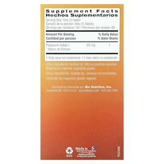 Foto 2 | Suplemento Bio Nutrition Yoduro De Potasio 65 Mg 60 Comprimidos - Venta Internacional.