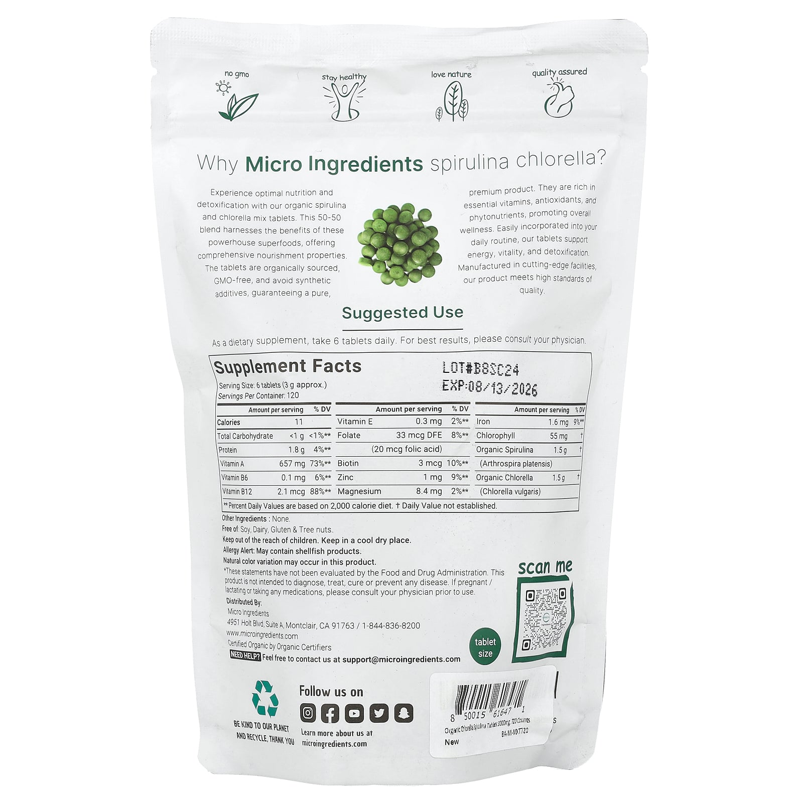 Foto 3 pulgar | Suplemento De Microingredientes, Espirulina, Clorella Orgánica, 720 Tabletas - Venta Internacional.