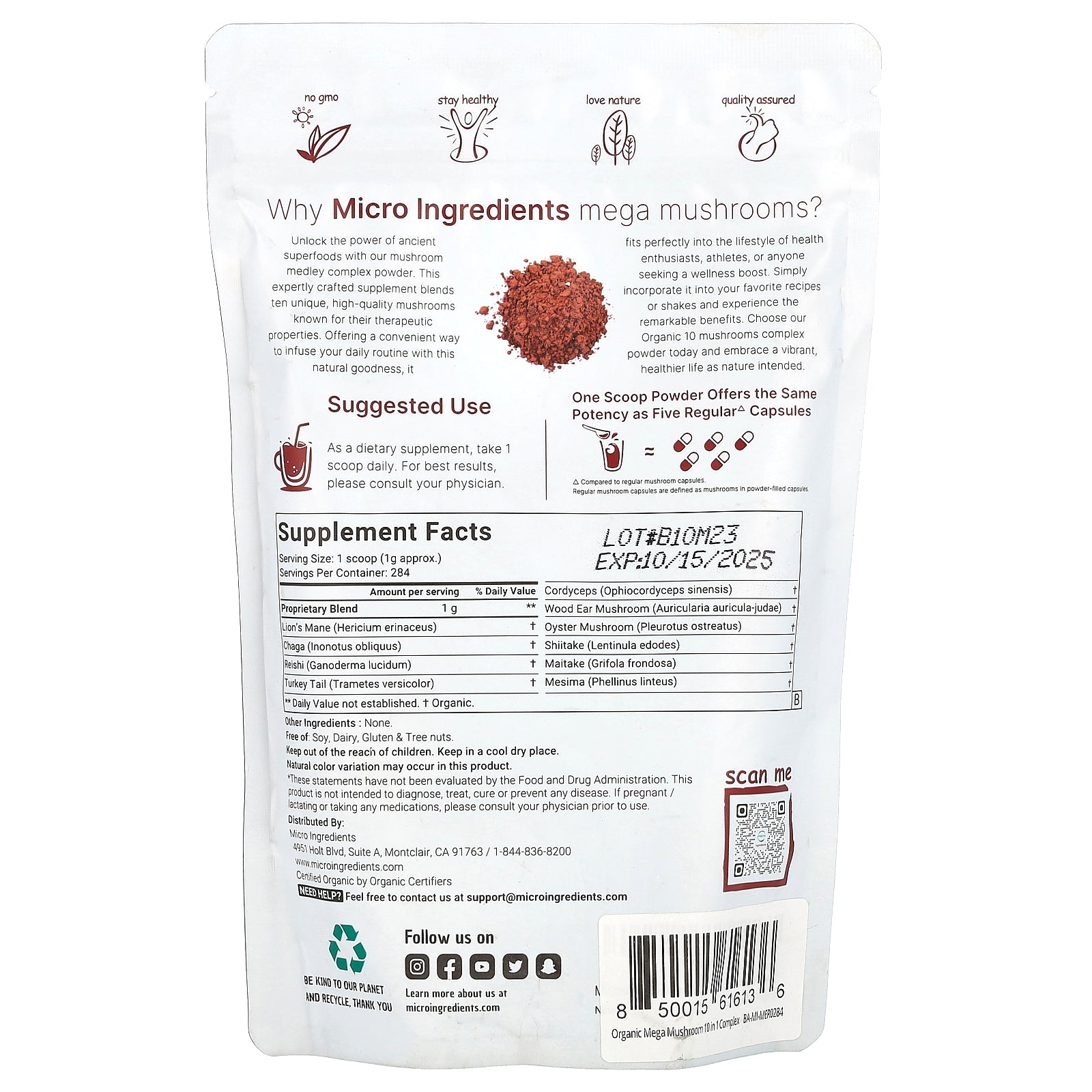 Foto 3 pulgar | Microingredientes Orgánicos De Mega Hongos En Polvo, 284 G - Venta Internacional.