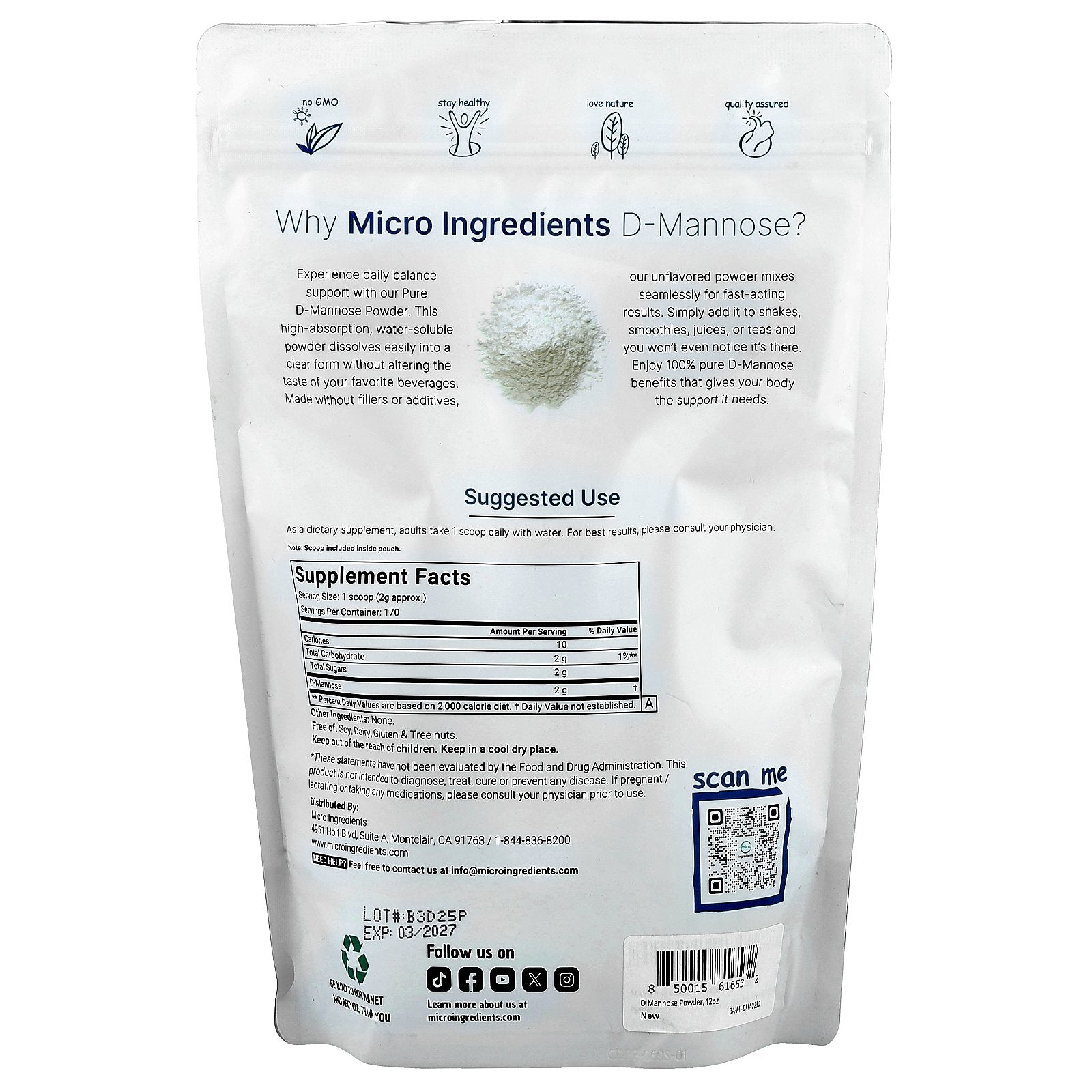 Foto 2 pulgar | Suplemento De Microingredientes: D-manosa En Polvo, 340 G - Venta Internacional.