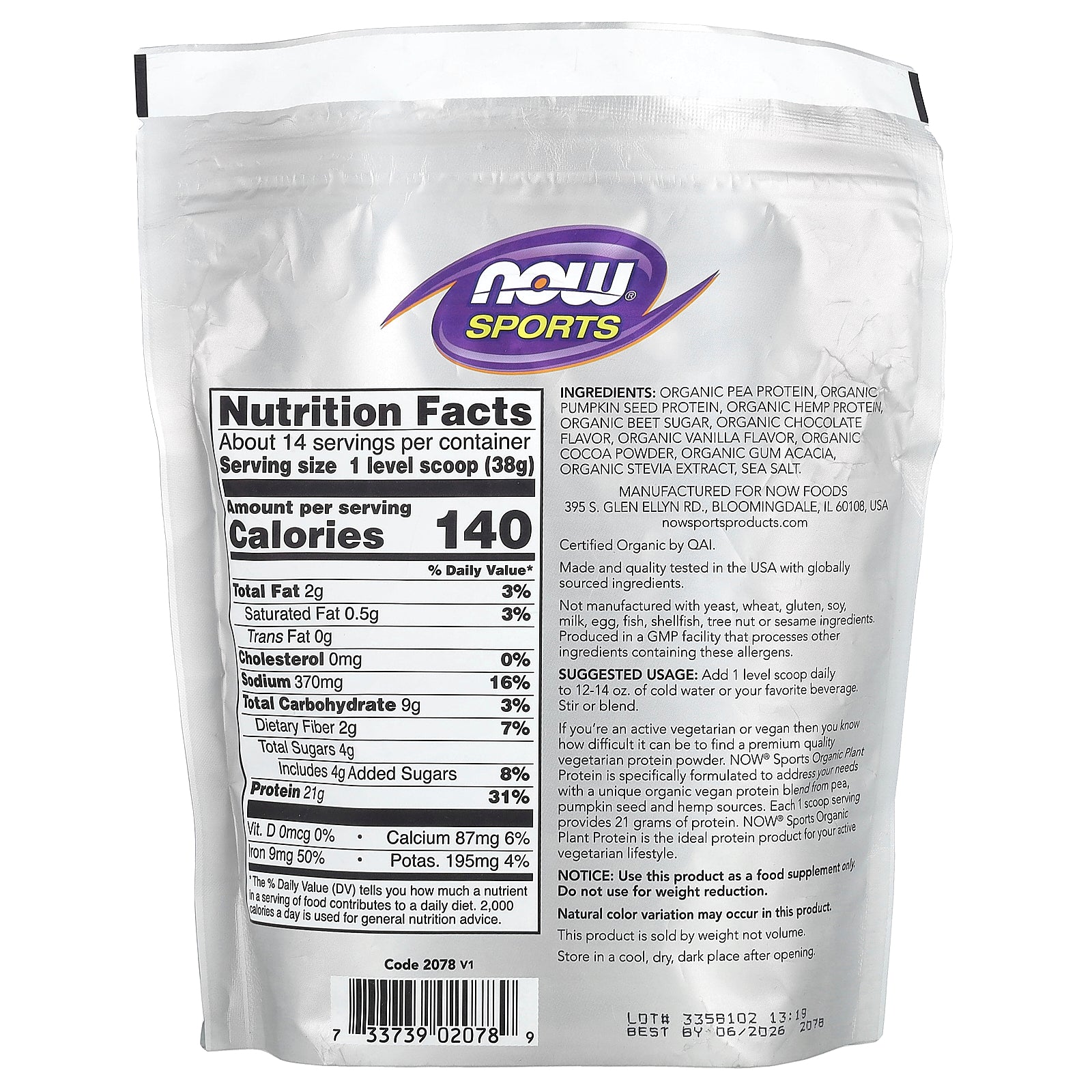 Foto 2 | Proteína En Polvo Now Foods Sports Organic Vegetal Cremoso Chocolate - Venta Internacional.