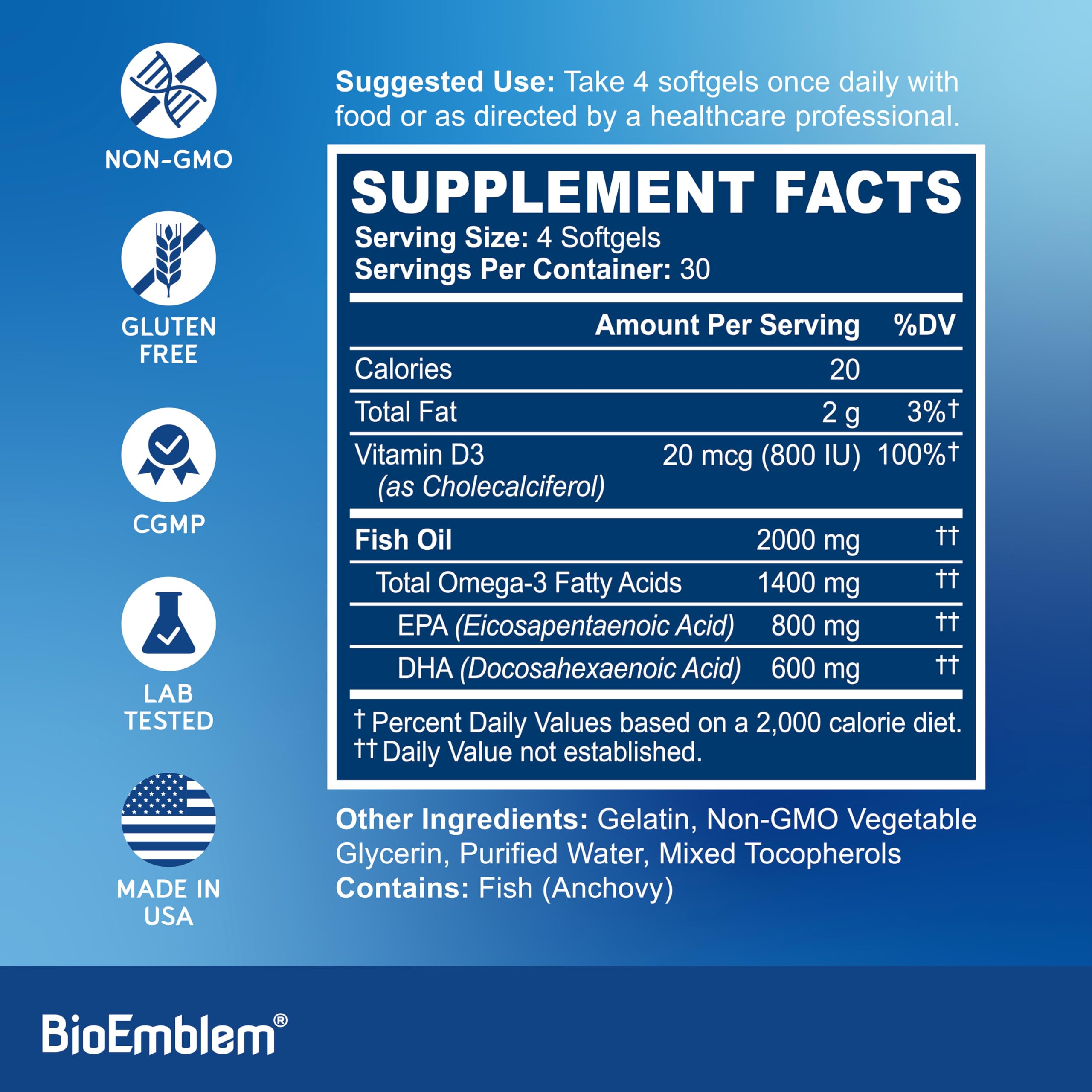 Foto 3 pulgar | Suplemento Bioemblem De Aceite De Pescado Omega-3 2000 Mg 120 Cápsulas Blandas - Venta Internacional.