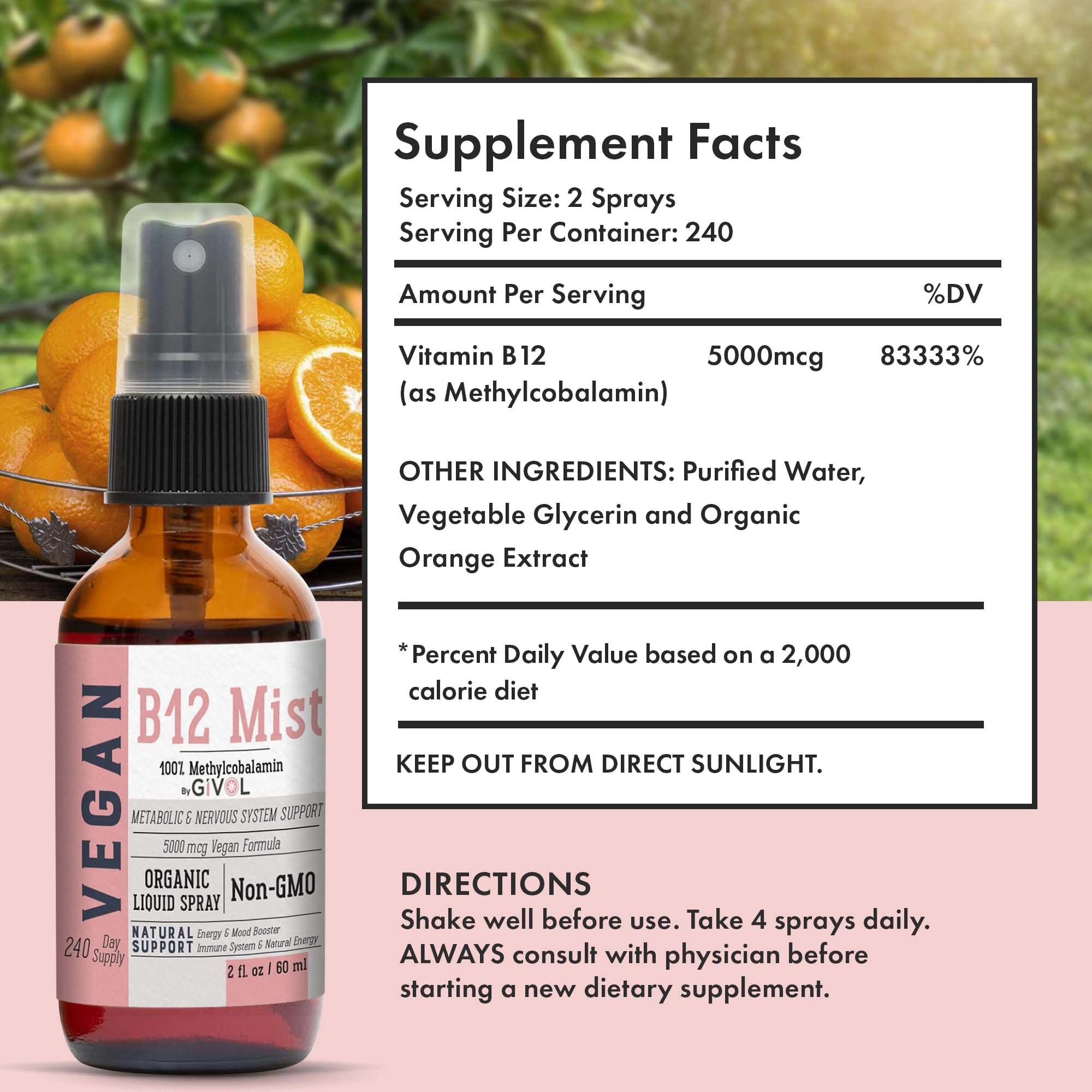 Foto 4 pulgar | Suplemento Givol De Vitamina B12 Vegana Orgánica, 5000 Mcg, 240 Ml - Venta Internacional.