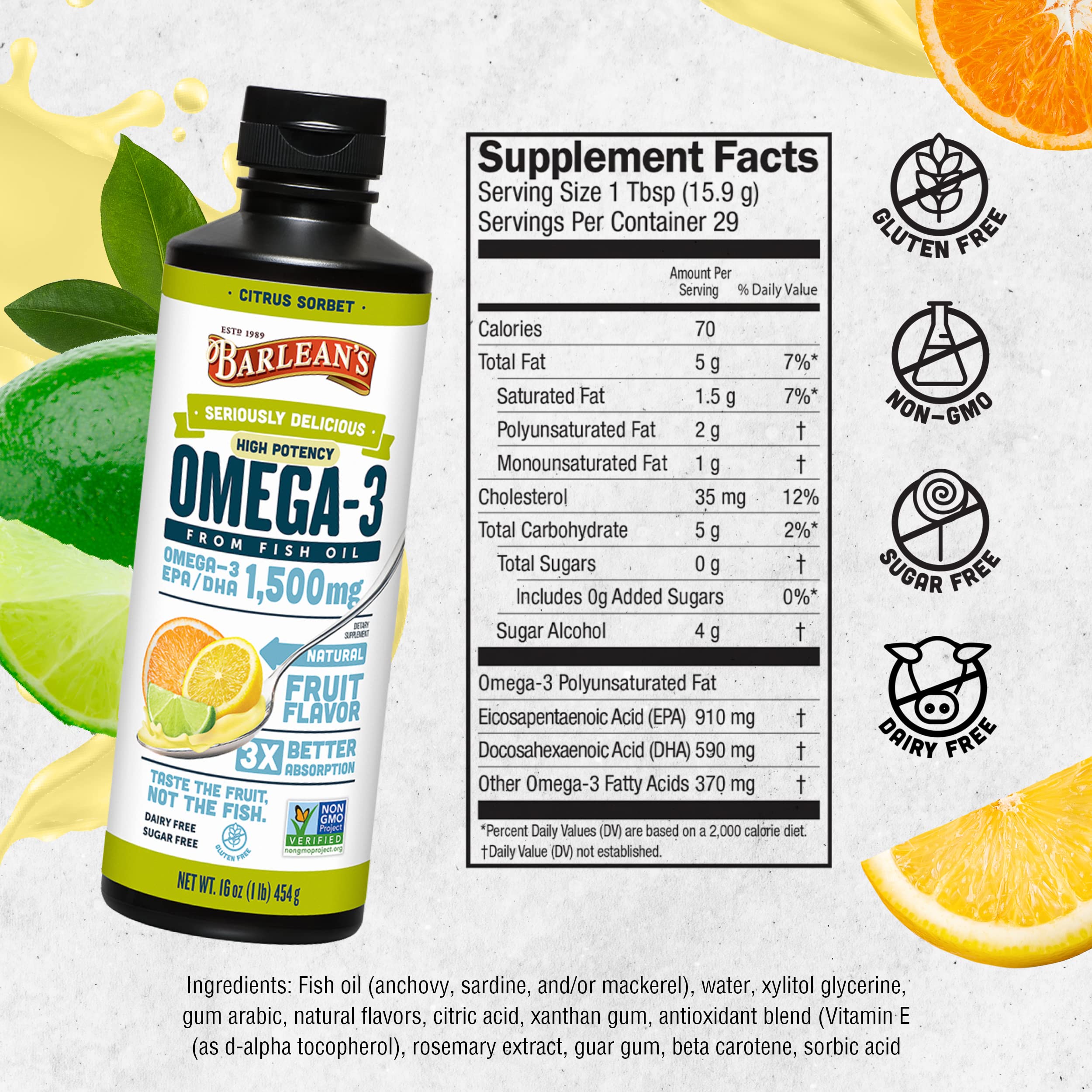 Foto 7 pulgar | Complemente El Aceite De Pescado Omega 3 De Alta Potencia De Barlean's Citrus Sorbet - Venta Internacional.