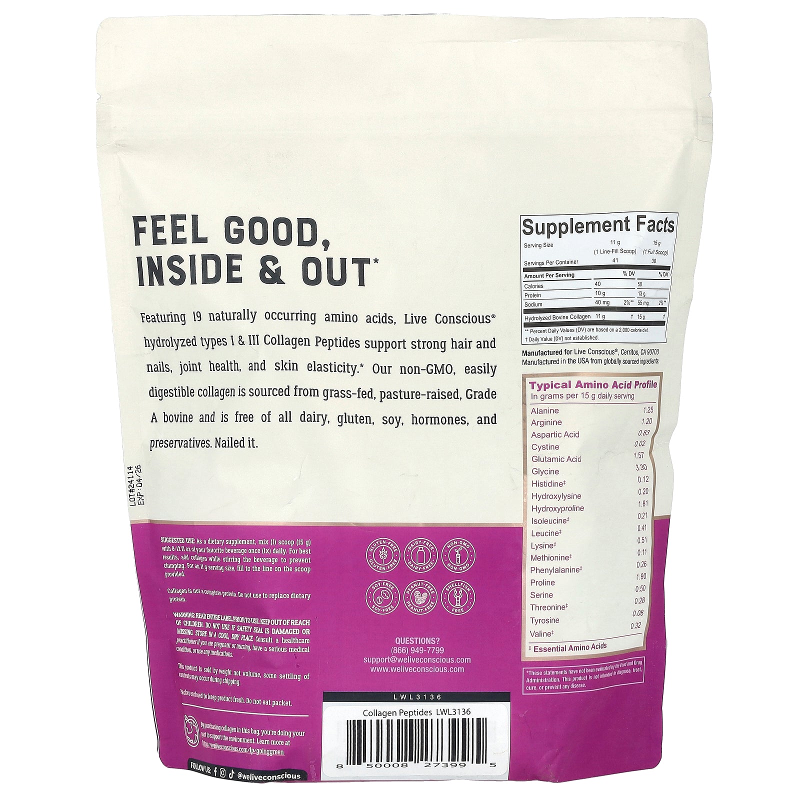 Foto 2 | Suplemento: Péptidos De Colágeno Live Conscious, Sin Sabor, 454 G - Venta Internacional.