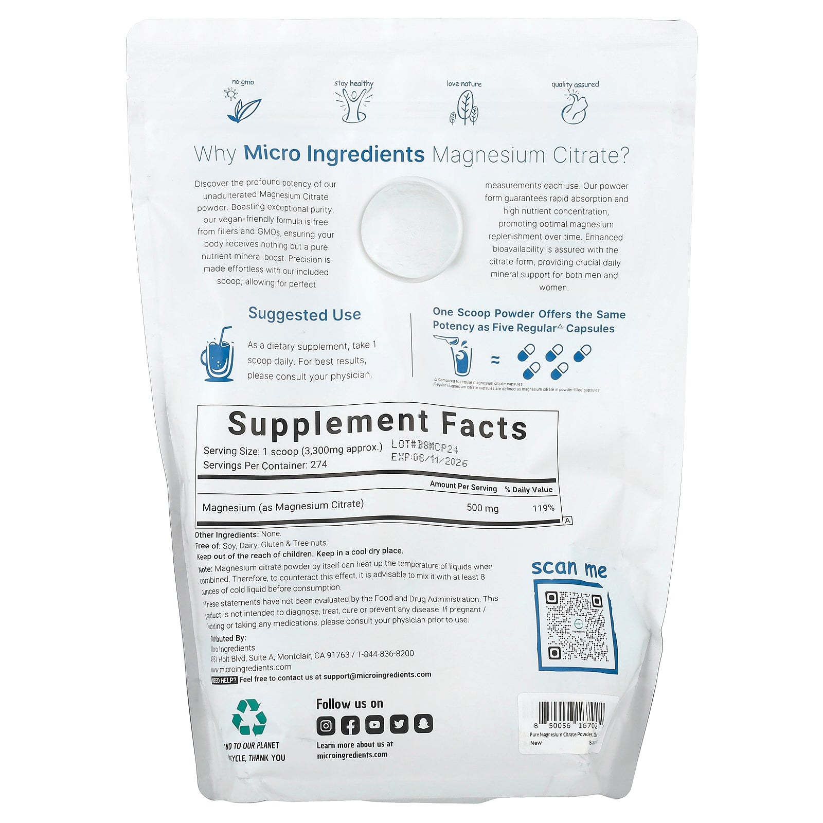Foto 2 | Microingredientes De Citrato De Magnesio, 907 G, Polvo Sin Sabor - Venta Internacional.