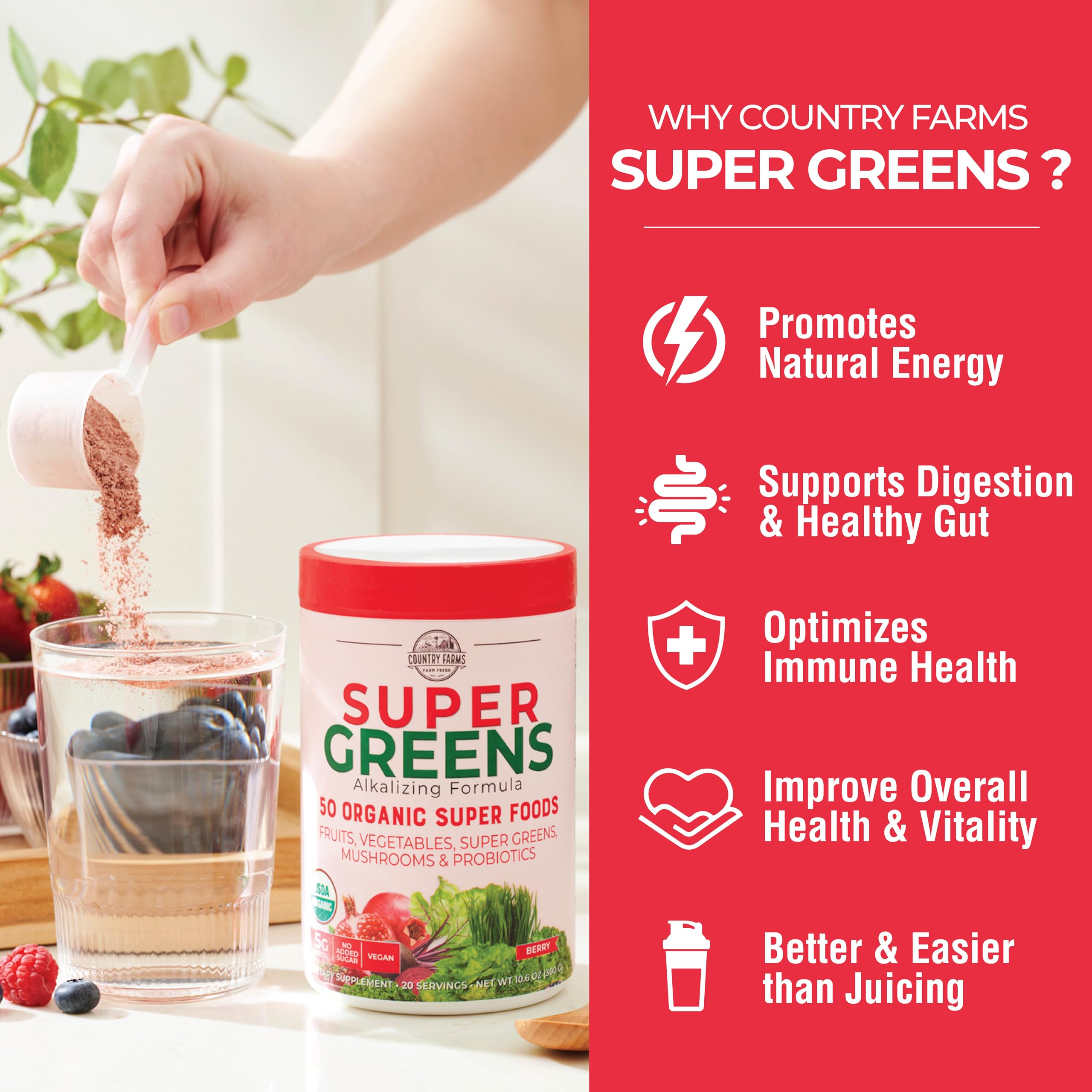 Foto 4 pulgar | Super Greens Drink Country Farms, Sabor A Bayas Orgánicas, 150 G - Venta Internacional.