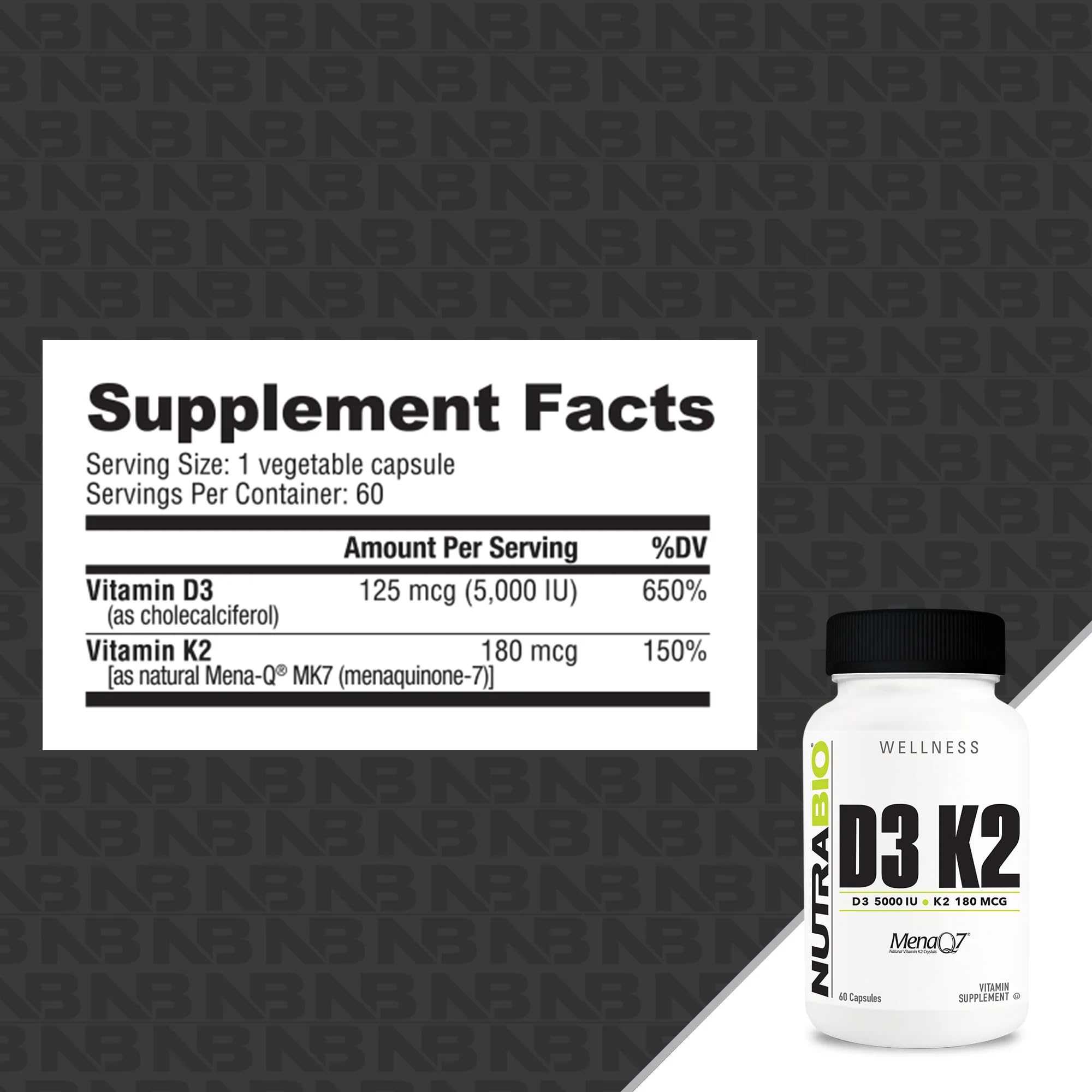 Foto 3 pulgar | Suplemento Nutrabio de Vitamina D3 K2 5000 Ui 180 Mcg 60 Cápsulas - Venta Internacional