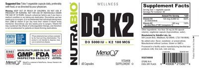 Foto 5 | Suplemento Nutrabio de Vitamina D3 K2 5000 Ui 180 Mcg 60 Cápsulas - Venta Internacional