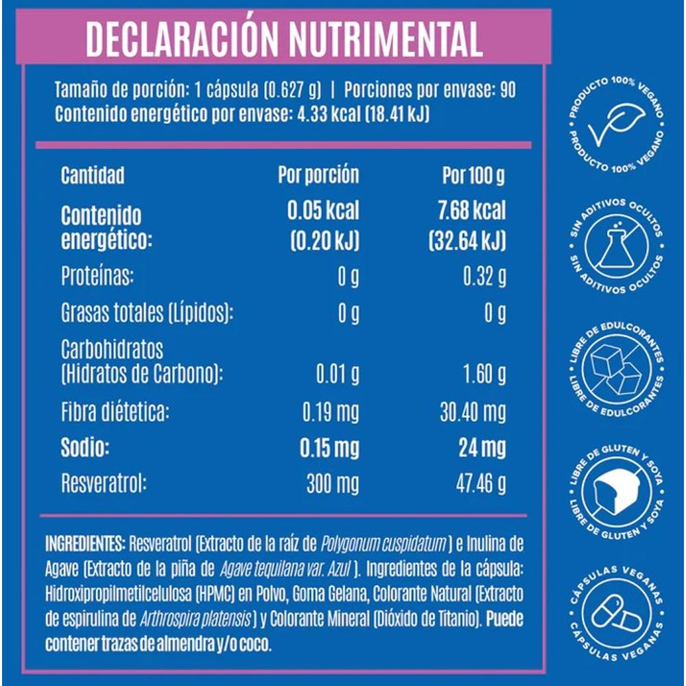 Foto 3 pulgar | Resveratrol E Inulina De Agave 90 Capsulas Birdman