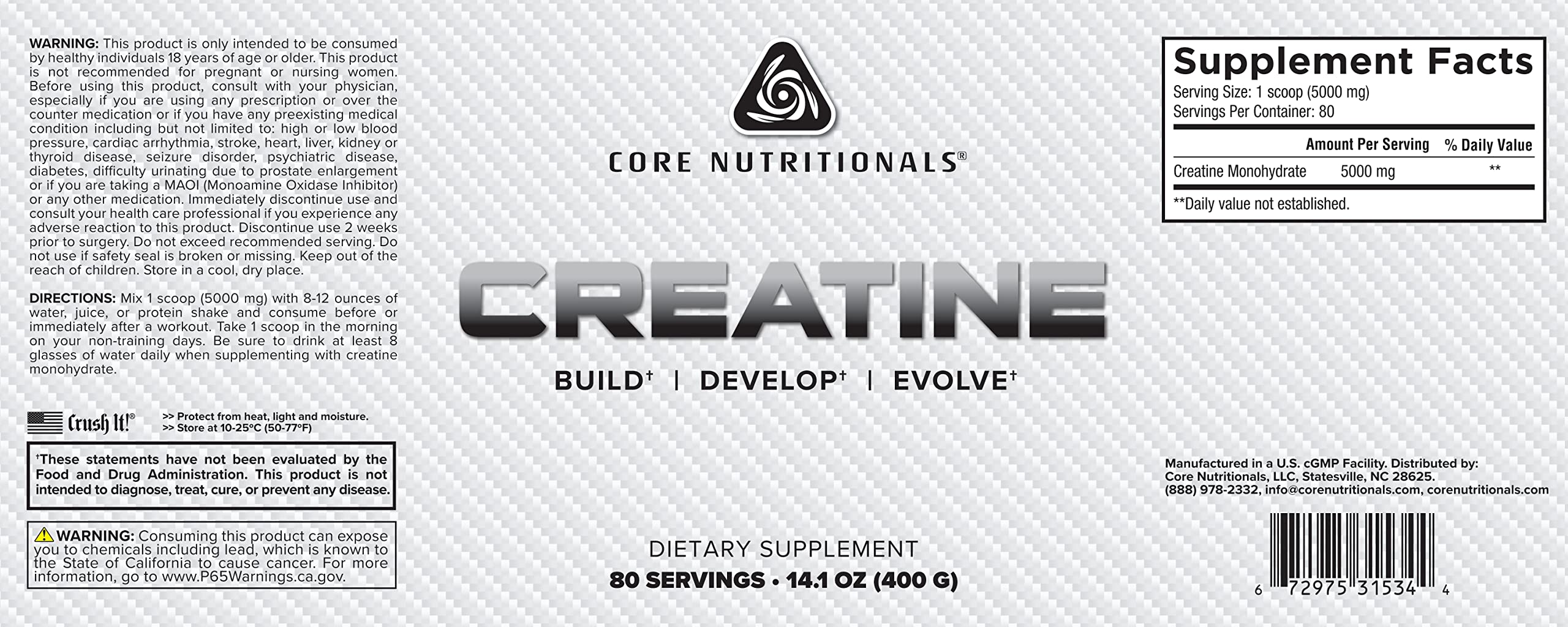 Foto 3 pulgar | Suplemento Core Nutritionals De Creatina, 5000 Mg, 80 Porciones - Venta Internacional.