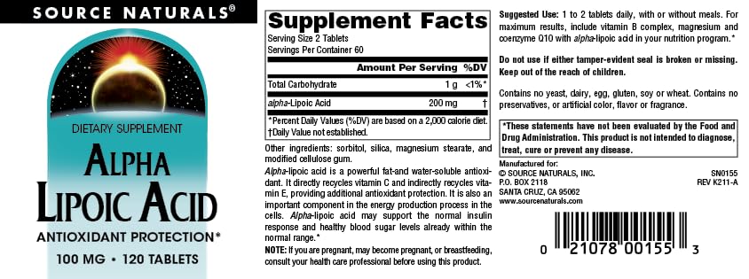 Foto 4 | Supplement Source Naturals Ácido Alfa Lipoico 100 Mg 120 Comprimidos - Venta Internacional.