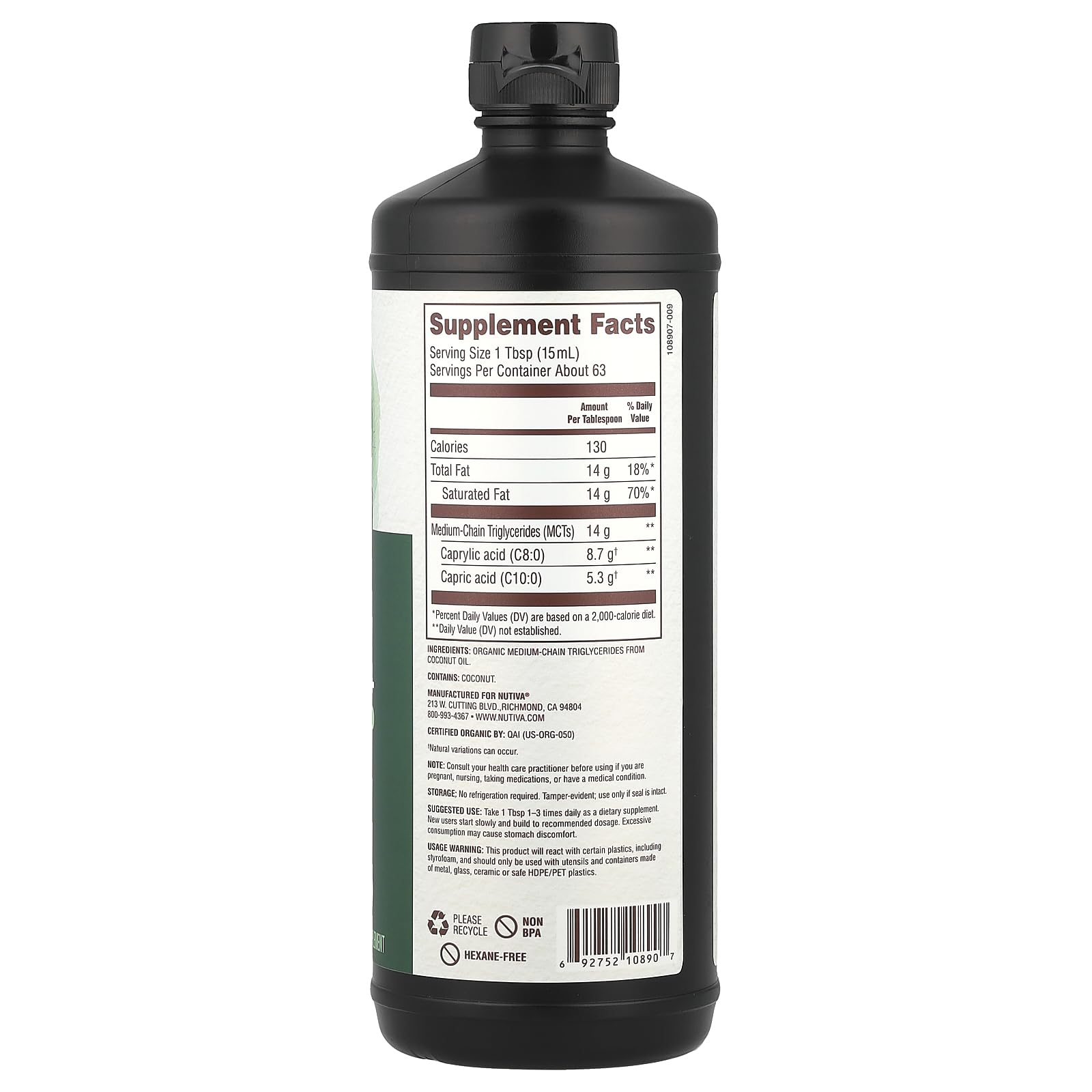 Foto 3 pulgar | Aceite Mct Nutiva Organic, Sin Sabor, 946 Ml, 14 G De Mct Por Porción - Venta Internacional.