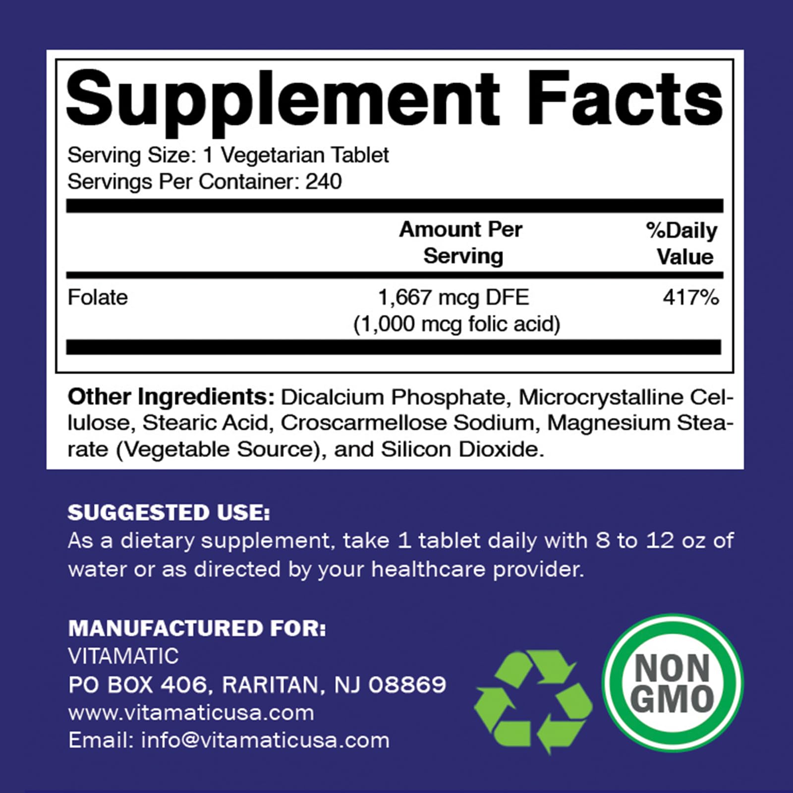 Foto 2 | Suplemento De Ácido Fólico Vitamático 1000 Mcg (1 Mg) De Vitamina B9 - Venta Internacional.