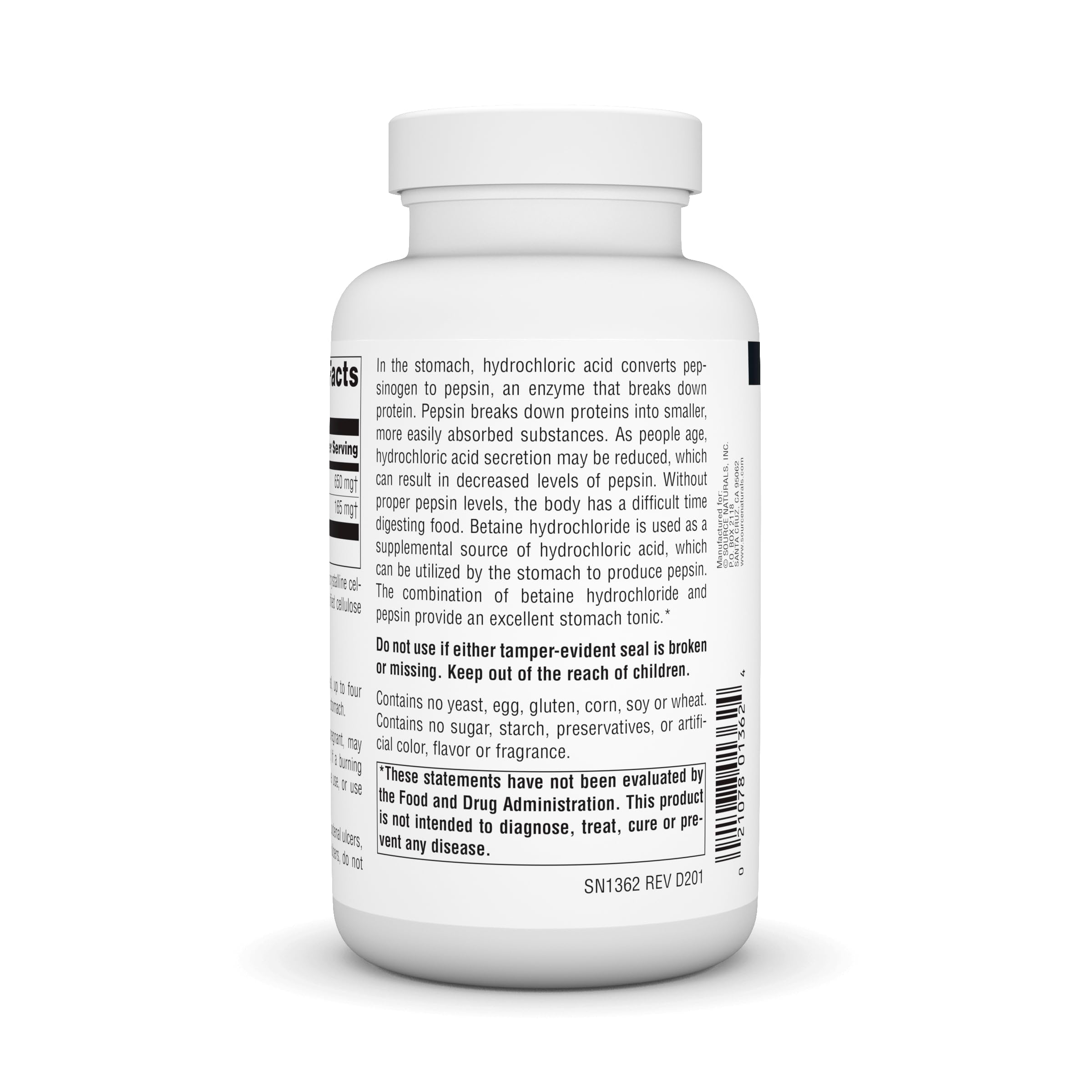 Foto 4 pulgar | Supplement Source Naturals Betaína Hcl Ácido Clorhídrico 650 Mg 180 Comprimidos - Venta Internacional.