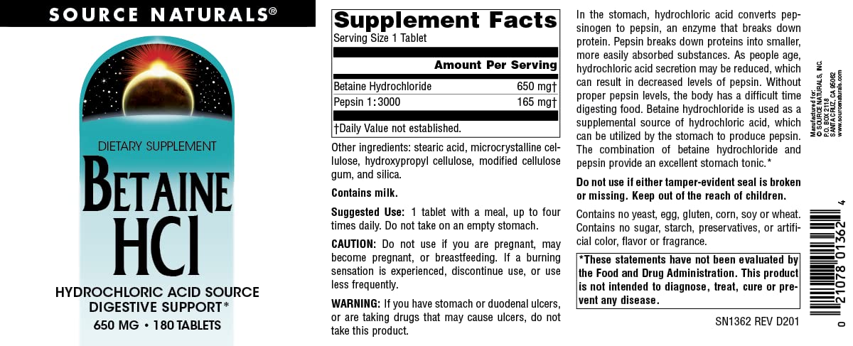 Foto 4 | Supplement Source Naturals Betaína Hcl Ácido Clorhídrico 650 Mg 180 Comprimidos - Venta Internacional.