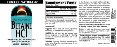 Foto 4 | Supplement Source Naturals Betaína Hcl Ácido Clorhídrico 650 Mg 180 Comprimidos - Venta Internacional.