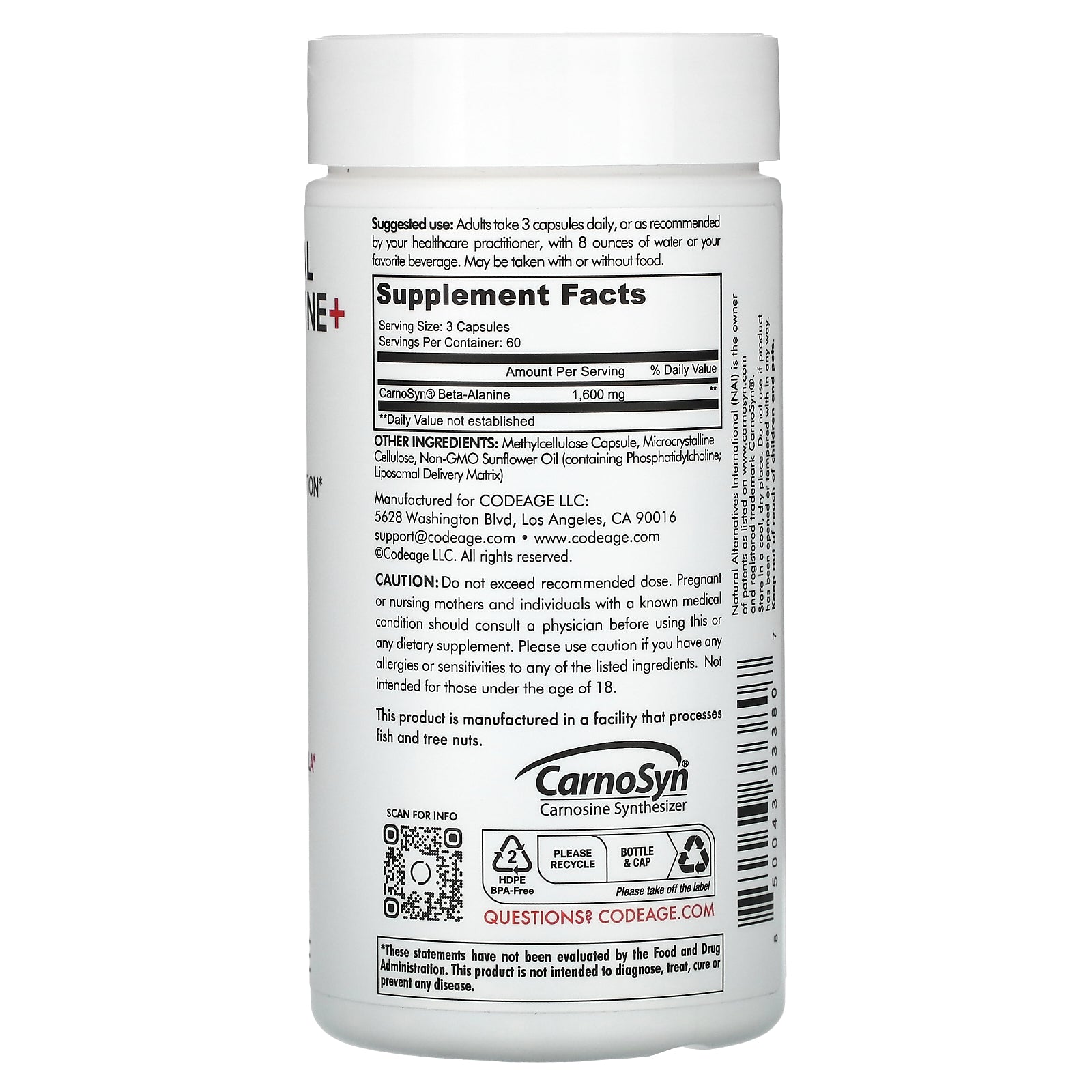 Foto 3 pulgar | Suplemento Beta-alanina Liposomal Codeage+ 180 Cápsulas - Venta Internacional.