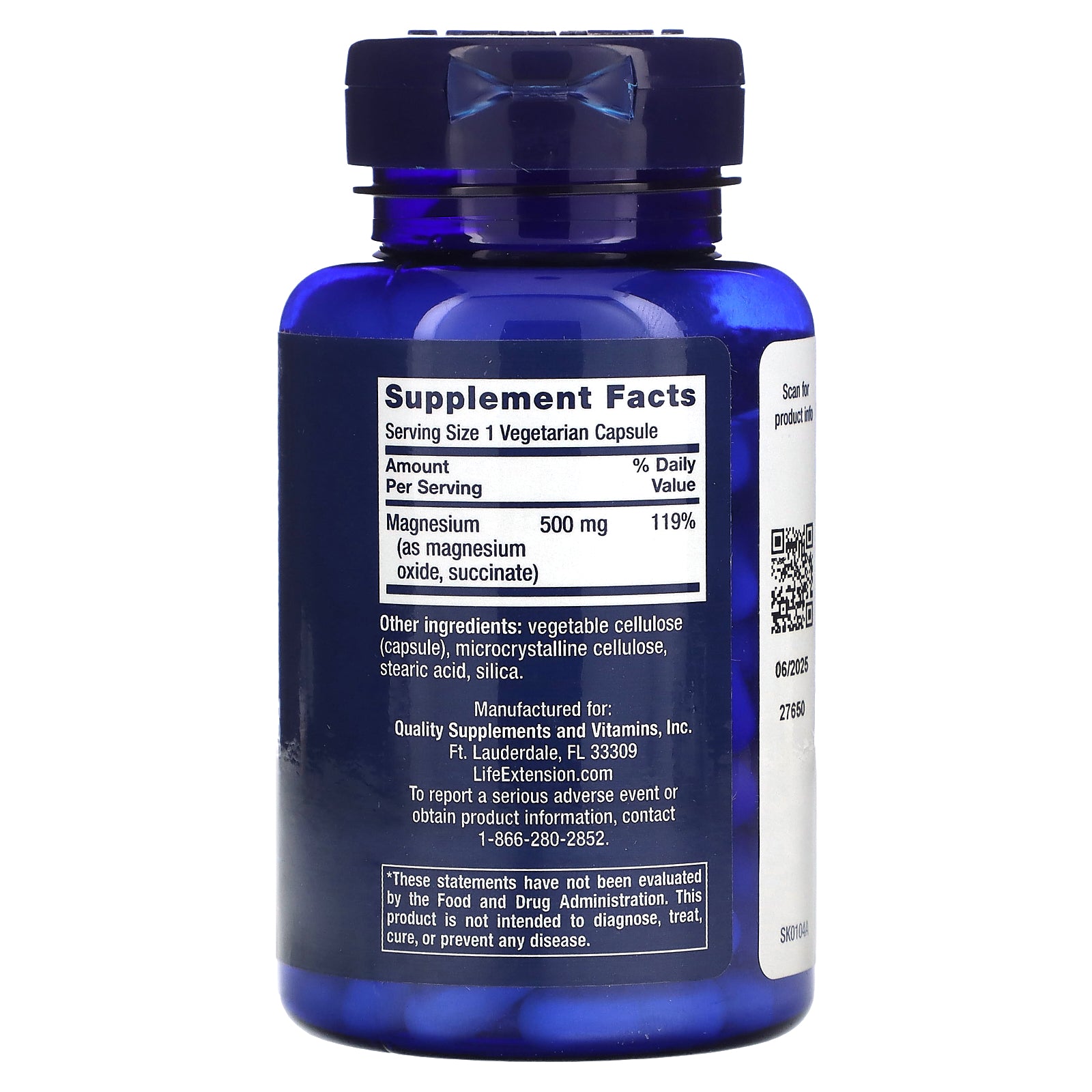 Foto 3 pulgar | Supplement Life Extension, Cápsulas De Magnesio, 500 Mg, 100 Cápsulas - Venta Internacional.