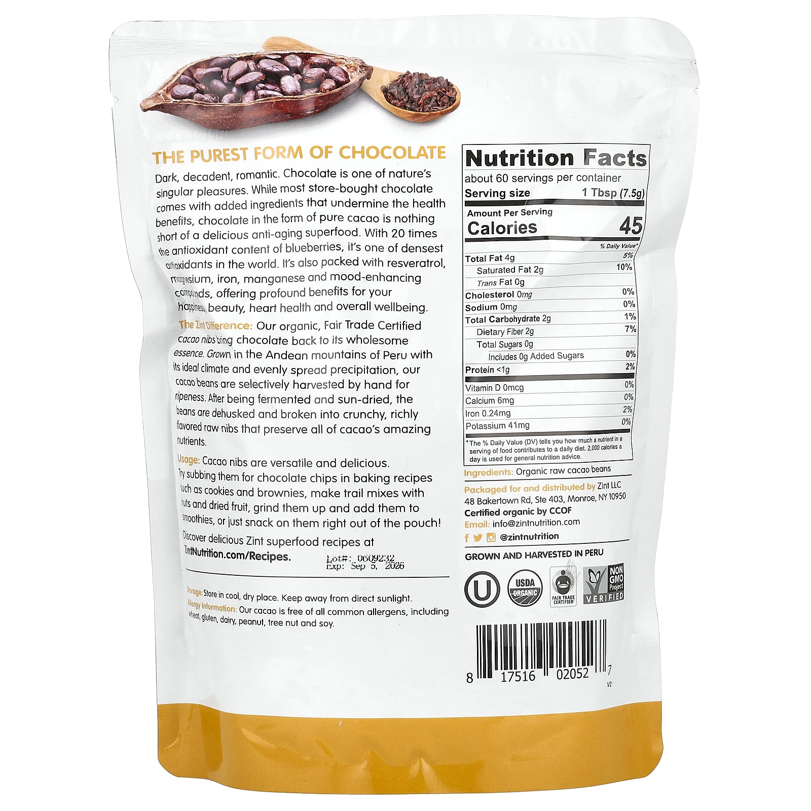 Foto 3 pulgar | Cacao Nibs Zint Raw Organic 454 G - Venta Internacional.