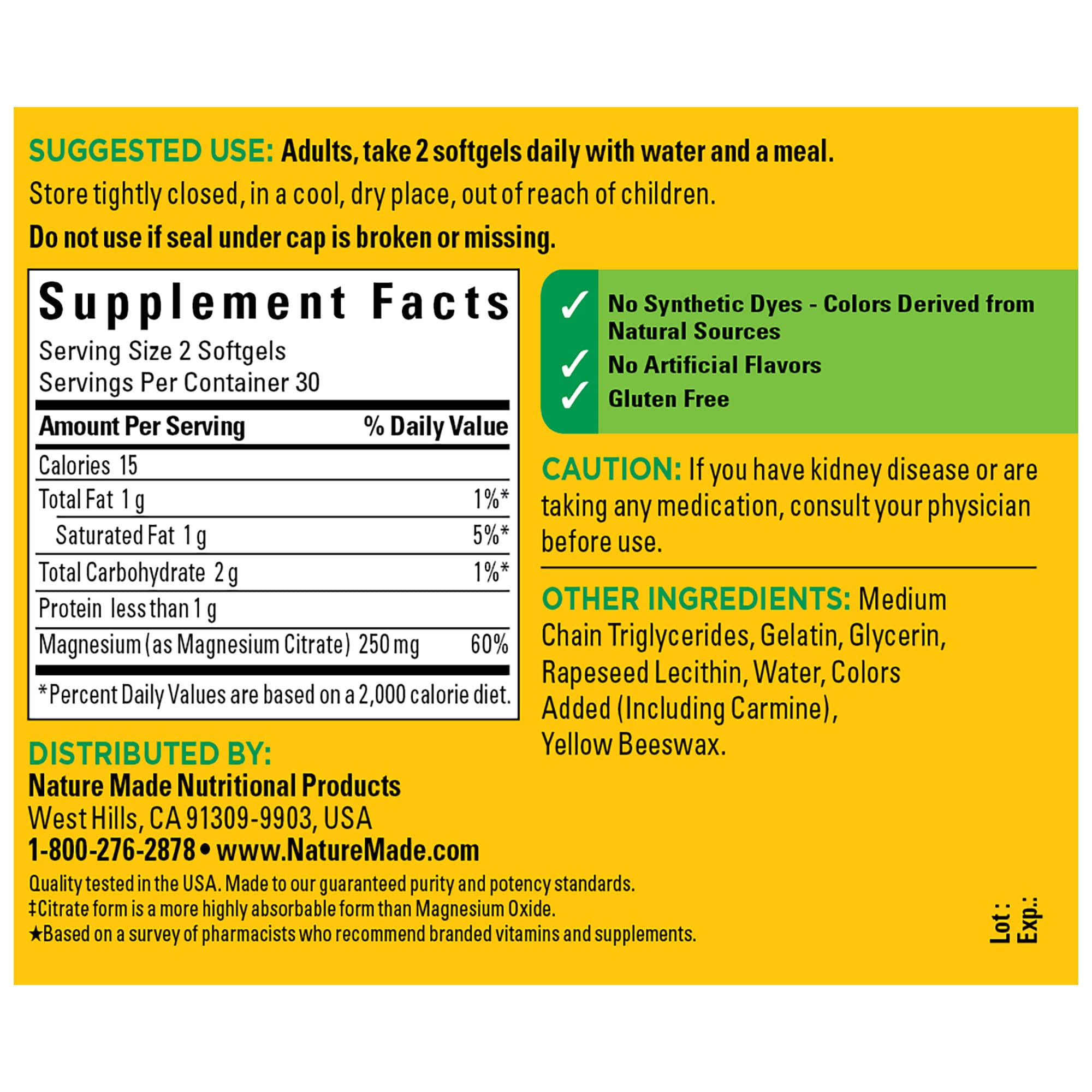 Foto 5 | Suplemento De Citrato De Magnesio Nature Made 250 Mg 60 Cápsulas Blandas - Venta Internacional.
