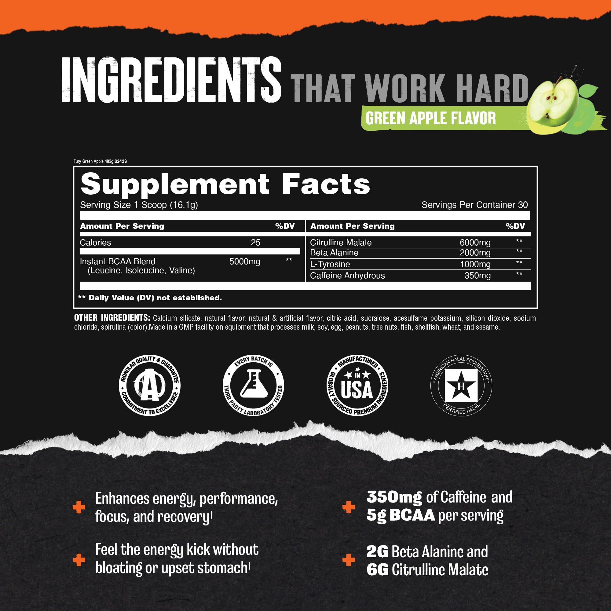 Foto 4 pulgar | Polvo Pre Workout Animal Fury Green Apple, 30 Porciones - Venta Internacional.