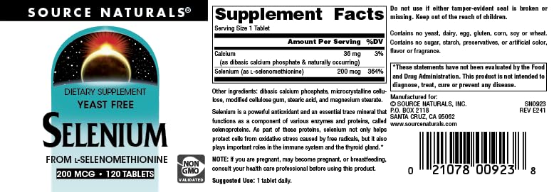 Foto 6 pulgar | Supplement Source Naturals, Selenio Sin Levadura, 200 Mcg, 120 Tabletas - Venta Internacional.