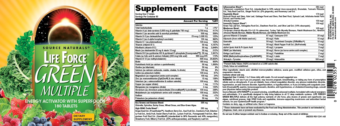 Foto 4 | Supplement Source Naturals Life Force Green Multiple 180 Comprimidos - Venta Internacional.