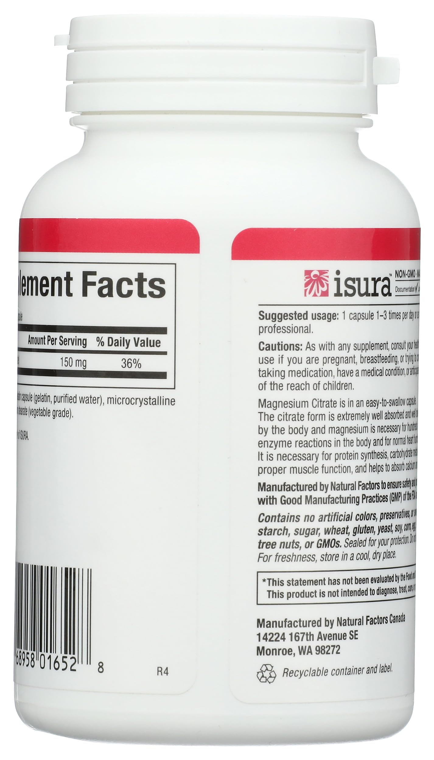 Foto 3 pulgar | Suplemento Natural Factors De Citrato De Magnesio 150 Mg 90 Cápsulas - Venta Internacional.