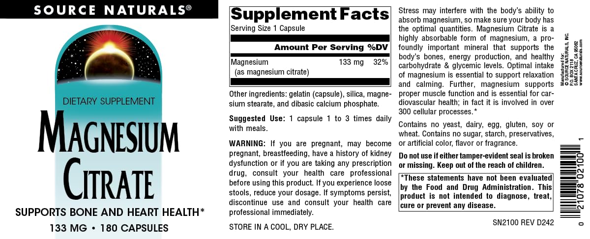 Foto 5 pulgar | Citrato De Magnesio Supplement Source Naturals 133 Mg - 180 Cápsulas - Venta Internacional.