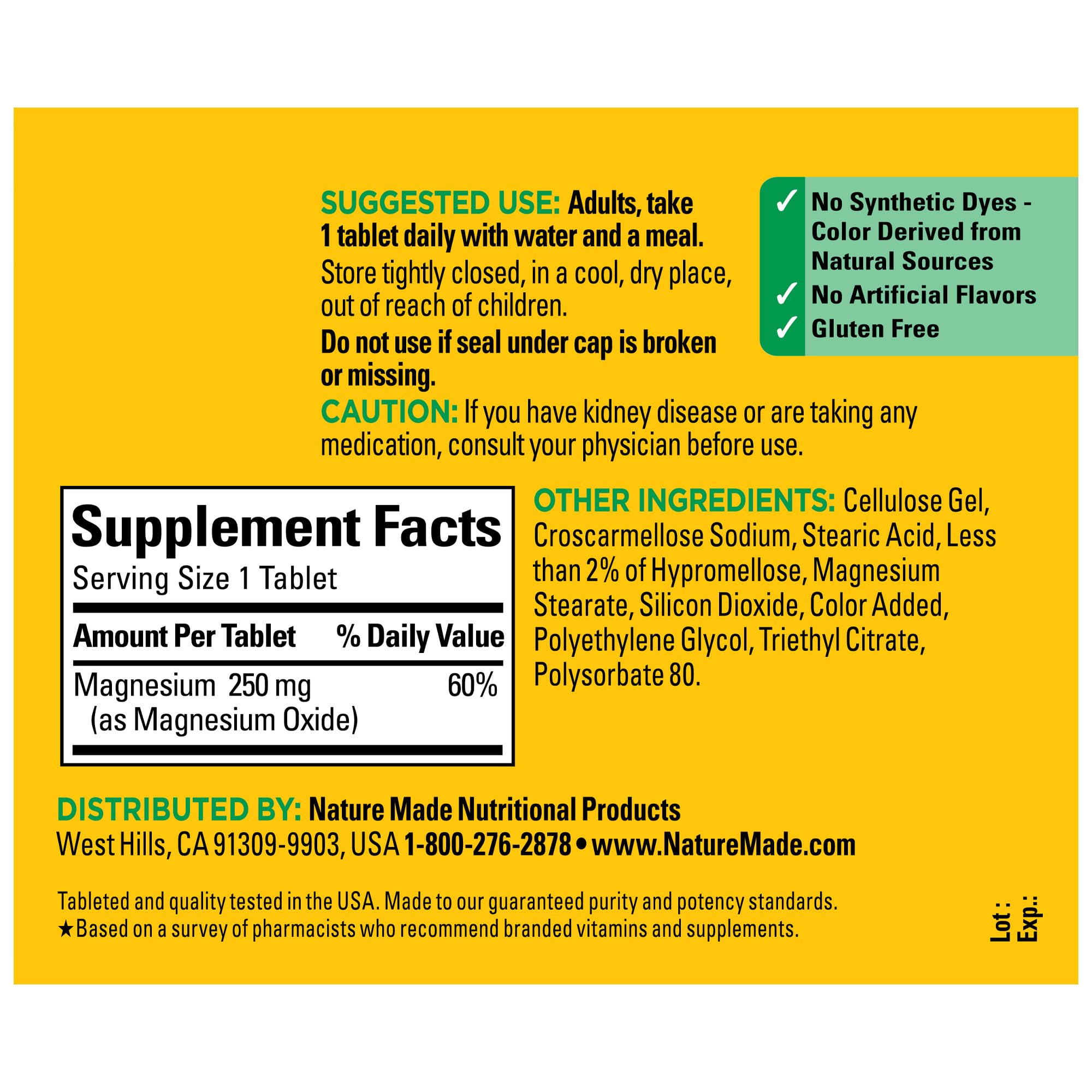 Foto 5 | Suplemento De Óxido De Magnesio Nature Made 250 Mg 200 Comprimidos - Venta Internacional.