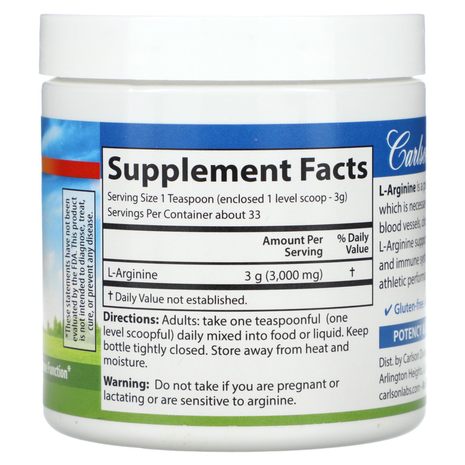Foto 3 pulgar | Suplemento Carlson Labs L-arginina En Polvo 100 G - Venta Internacional.