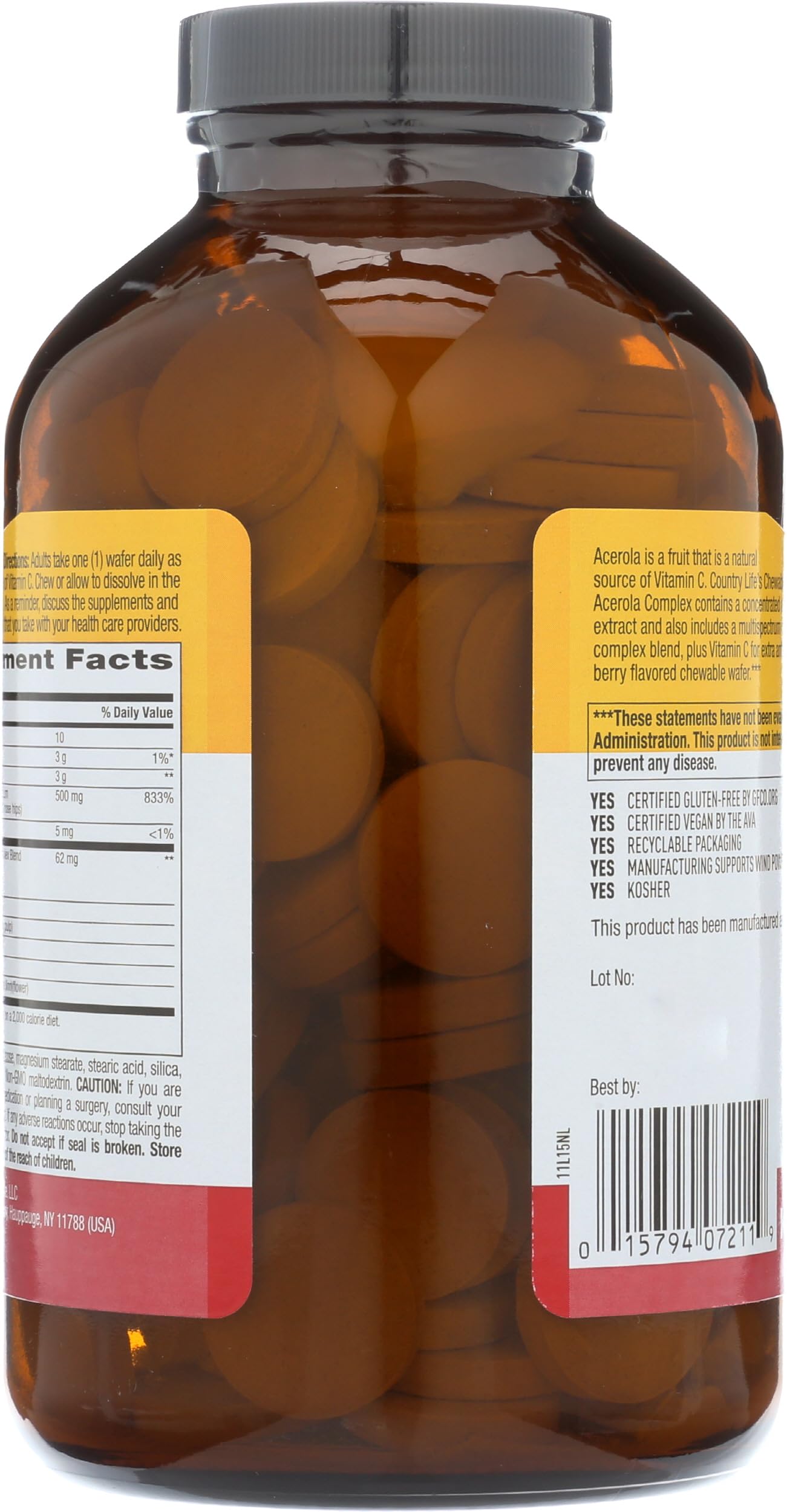 Foto 2 | Suplemento Country Life Con Acerola Y Vitamina C, 500 Mg, 180 Obleas - Venta Internacional.