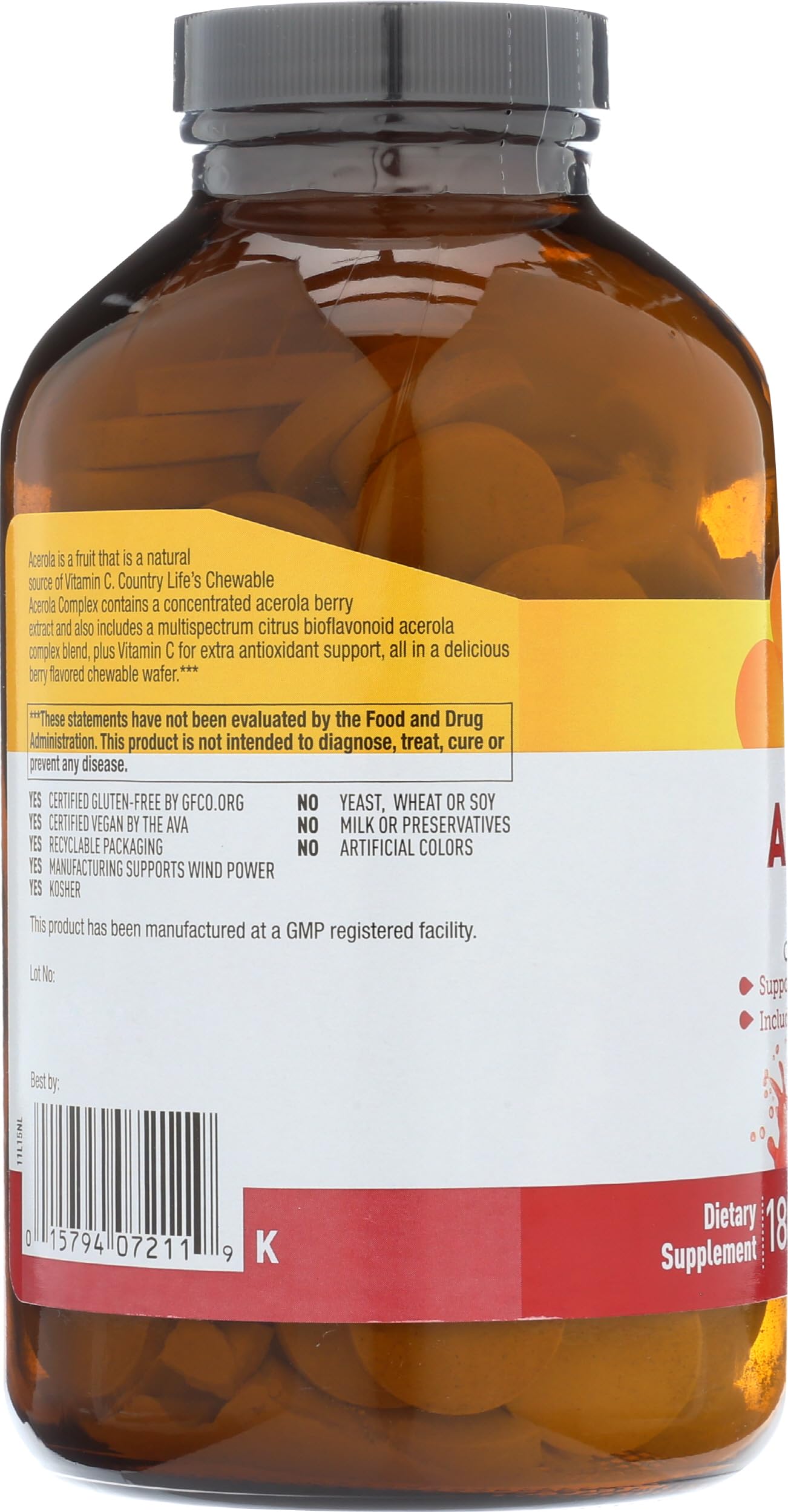 Foto 7 pulgar | Suplemento Country Life Con Acerola Y Vitamina C, 500 Mg, 180 Obleas - Venta Internacional.