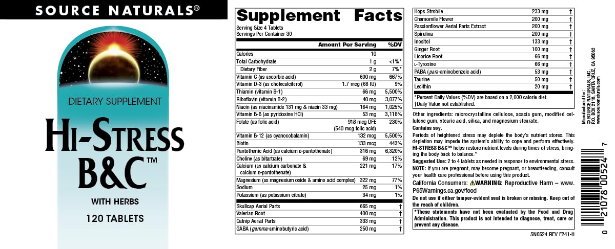 Foto 5 | Suplemento Source Naturals Hi-stress B&c Con Hierbas 120 Comprimidos - Venta Internacional.