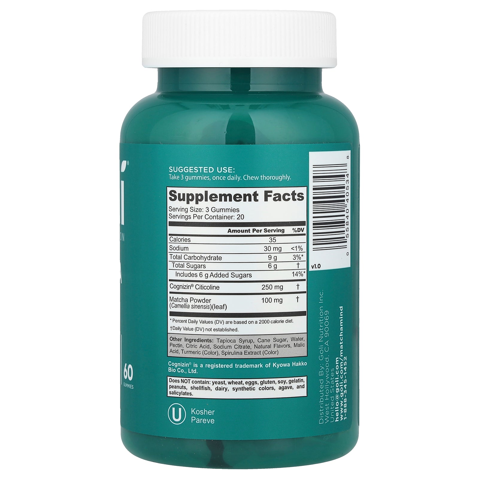 Foto 3 pulgar | Gomitas Cognitivas Matcha Mind Supplement Goli Nutrition, 60 Unidades - Venta Internacional.