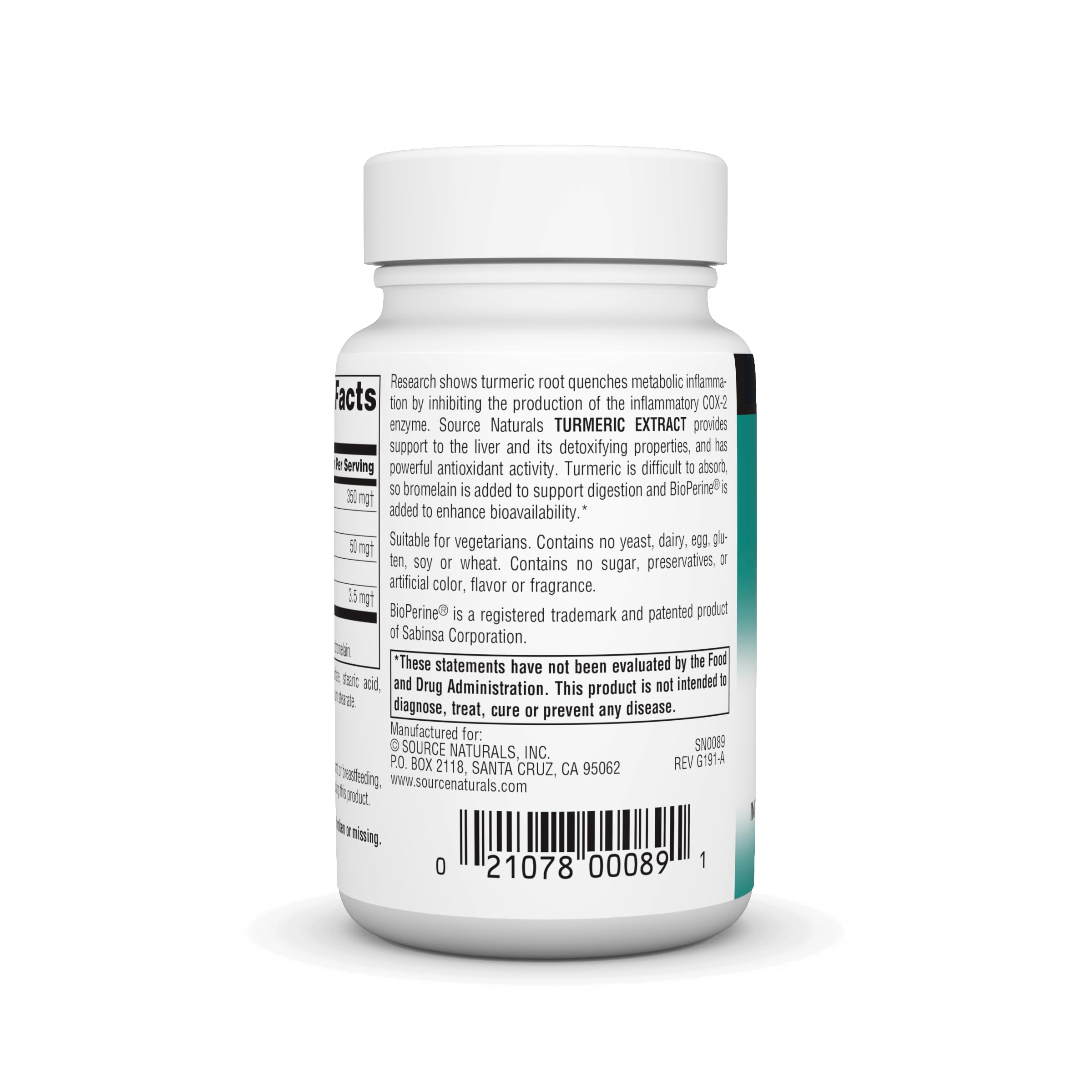 Foto 3 | Extracto De Cúrcuma Supplement Source Naturals 100 Comprimidos - Venta Internacional.