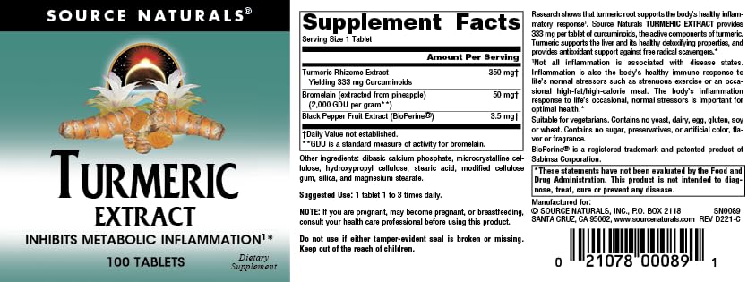 Foto 4 | Extracto De Cúrcuma Supplement Source Naturals 100 Comprimidos - Venta Internacional.
