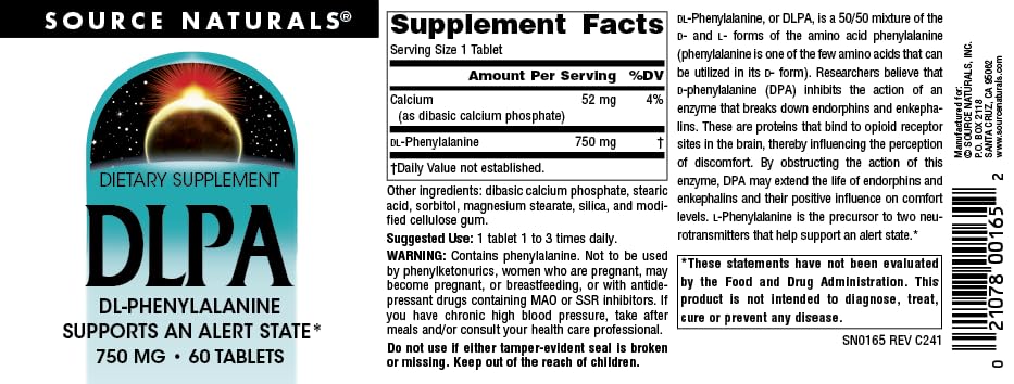 Foto 5 pulgar | Supplement Source Naturals Dlpa Dl-fenilalanina 750 Mg 60 Comprimidos - Venta Internacional.