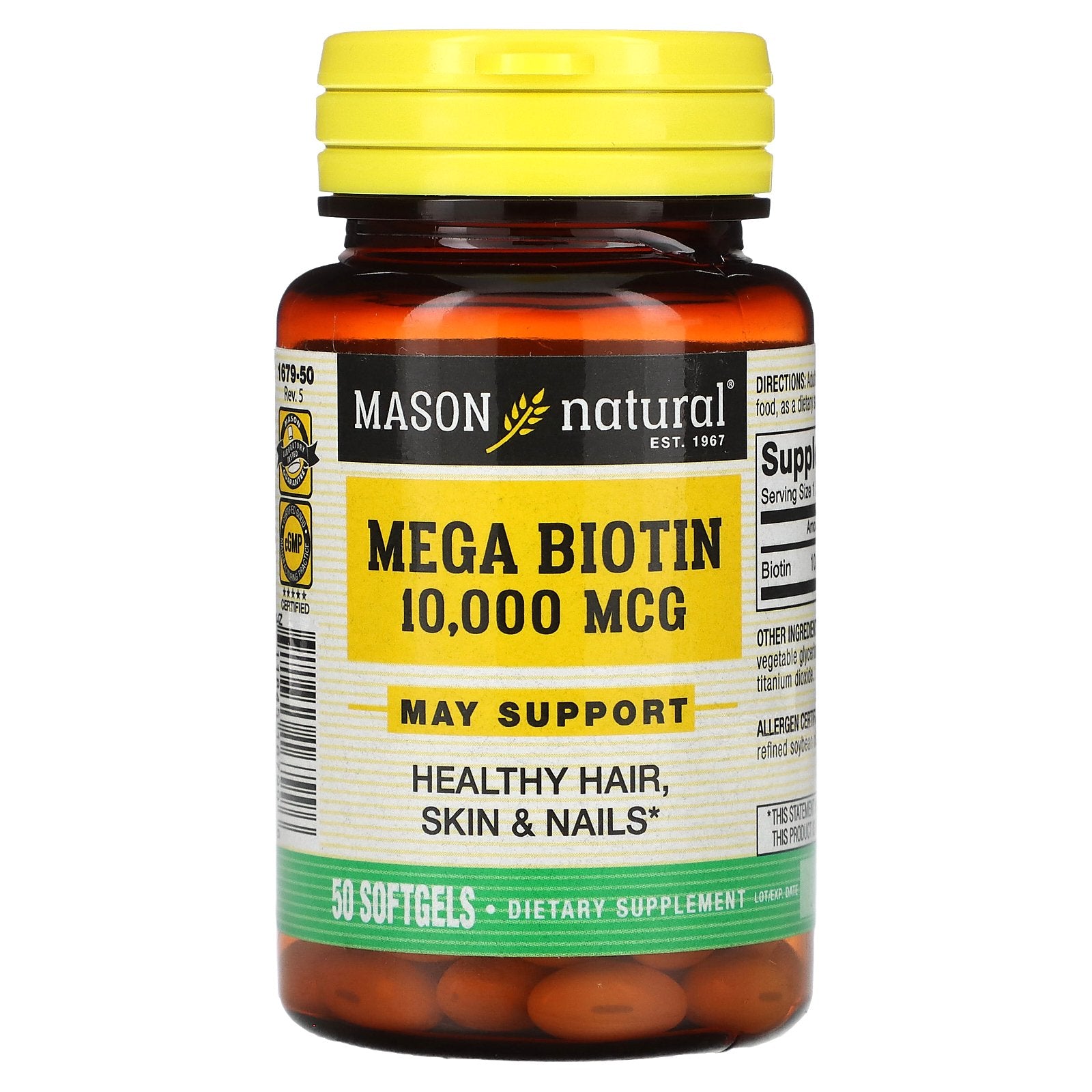 Foto 2 pulgar | Suplemento Mason Natural Mega Biotina, 10 000 Mcg, 50 Cápsulas Blandas - Venta Internacional.