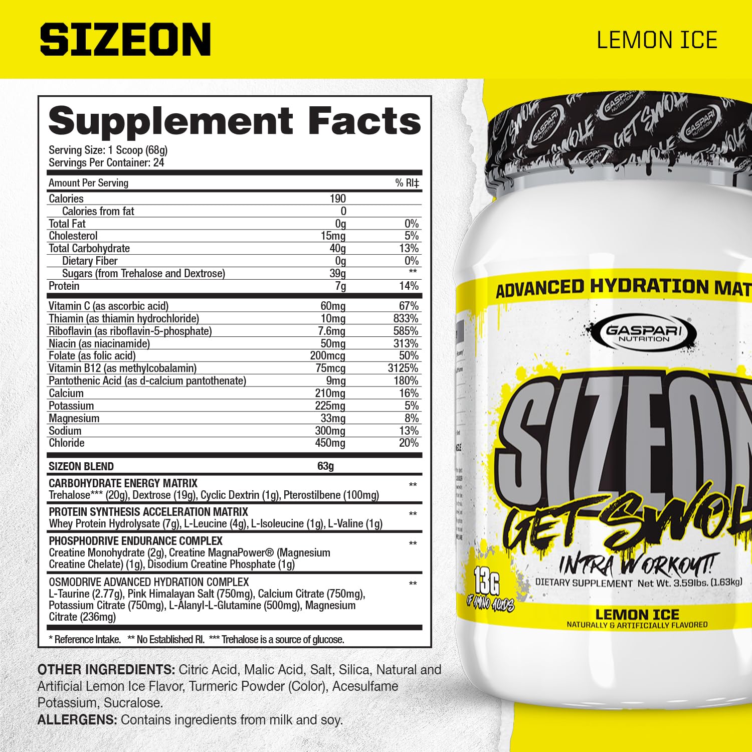 Foto 3 pulgar | Suplemento Gaspari Nutrition Sizeon De 1,63 Kg De Limón Durante El Entrenamiento - Venta Internacional.