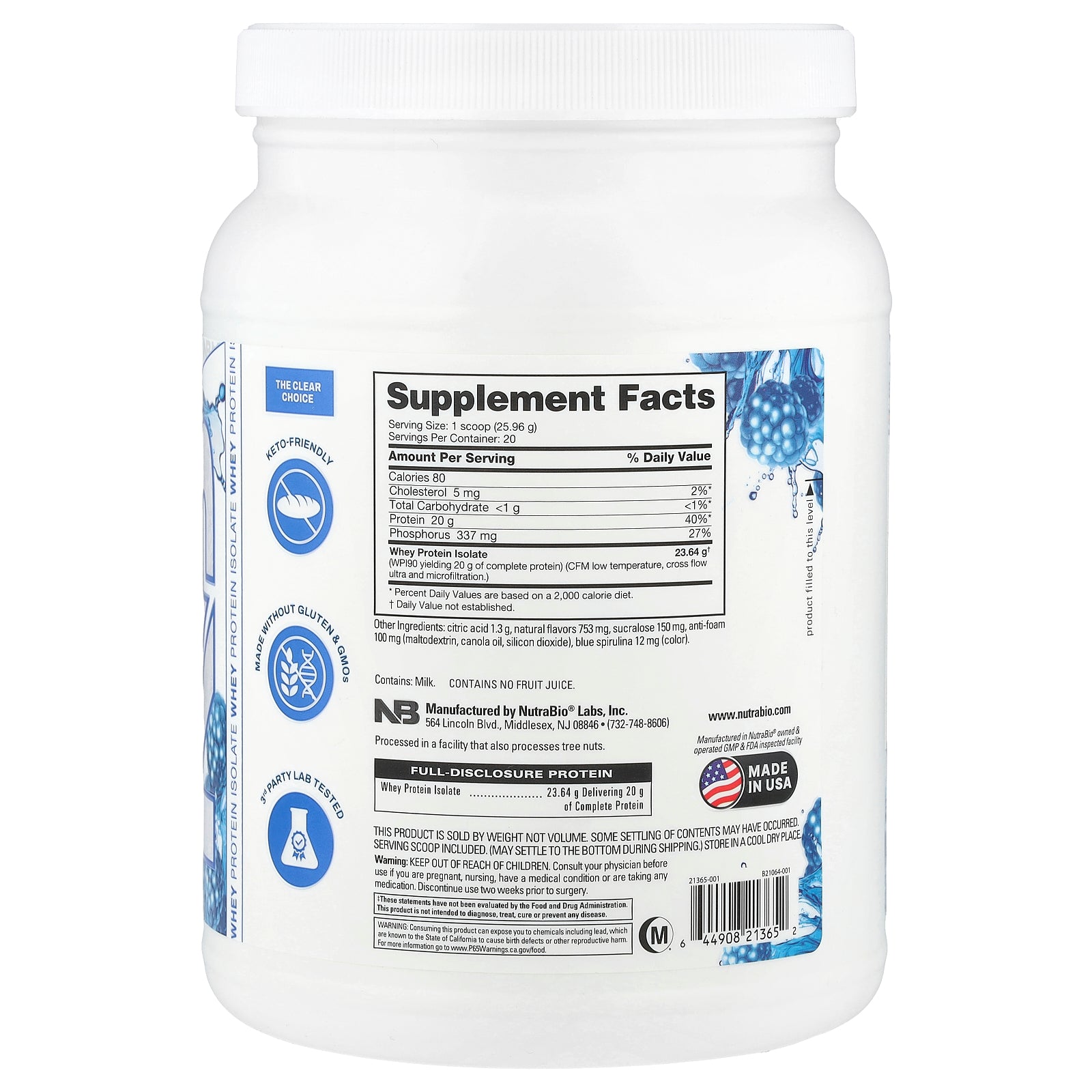 Foto 3 pulgar | Proteína En Polvo Nutrabio Performance Clear Blue Raspberry 519g - Venta Internacional.