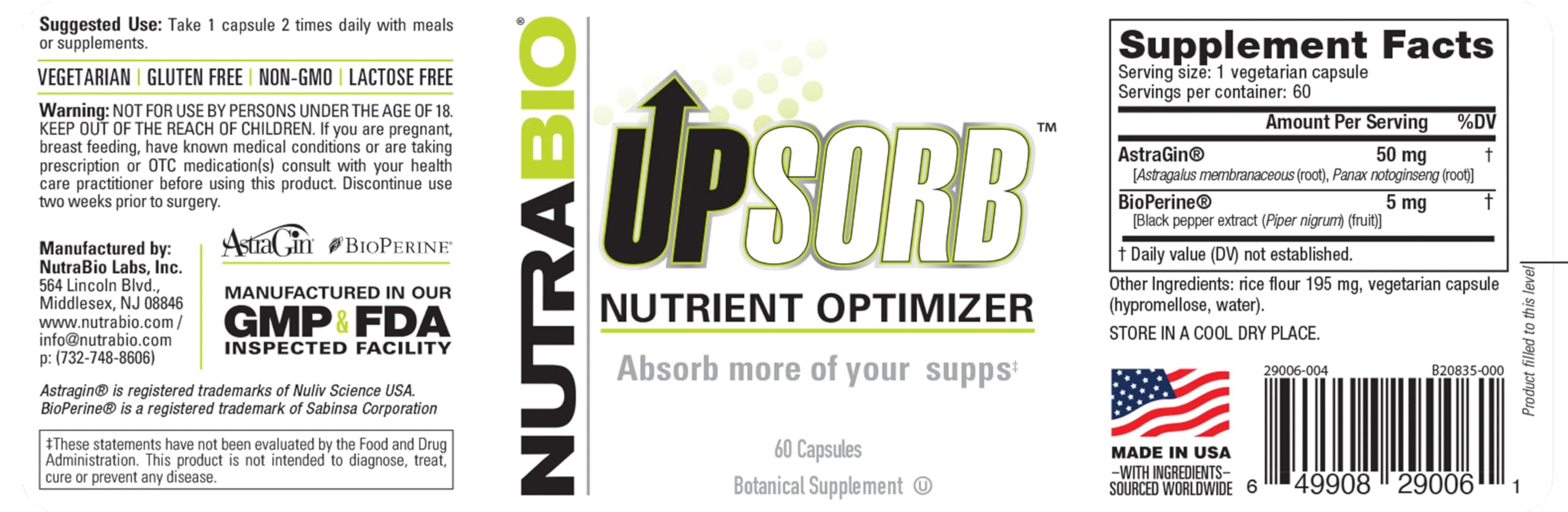 Foto 4 pulgar | Suplemento Nutrabio Upsorb Bioperine Nutrient Enhancer 60 Cápsulas - Venta Internacional
