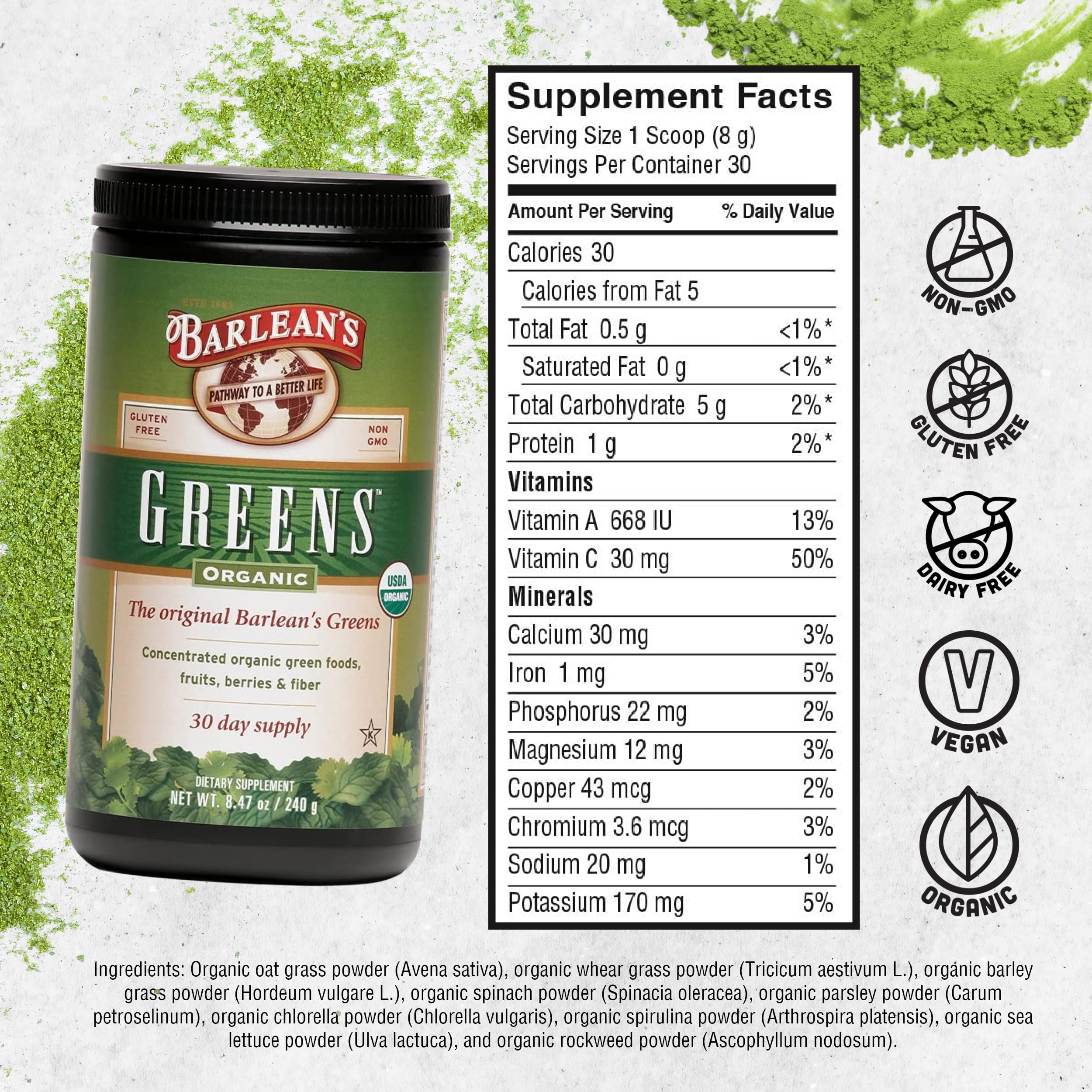 Foto 6 | Suplemento Barlean's Organic Greens Powder 250 Ml - Venta Internacional.