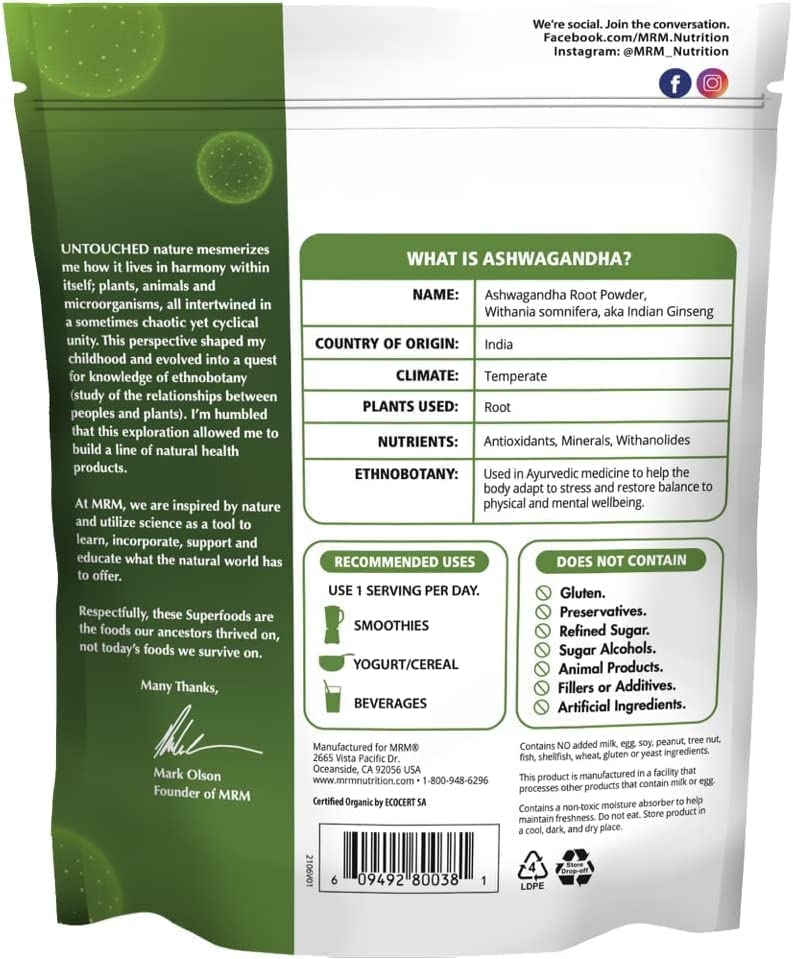 Foto 3 pulgar | Suplemento En Polvo De Raíz De Ashwagandha Orgánica Mrm Nutrition - Venta Internacional.