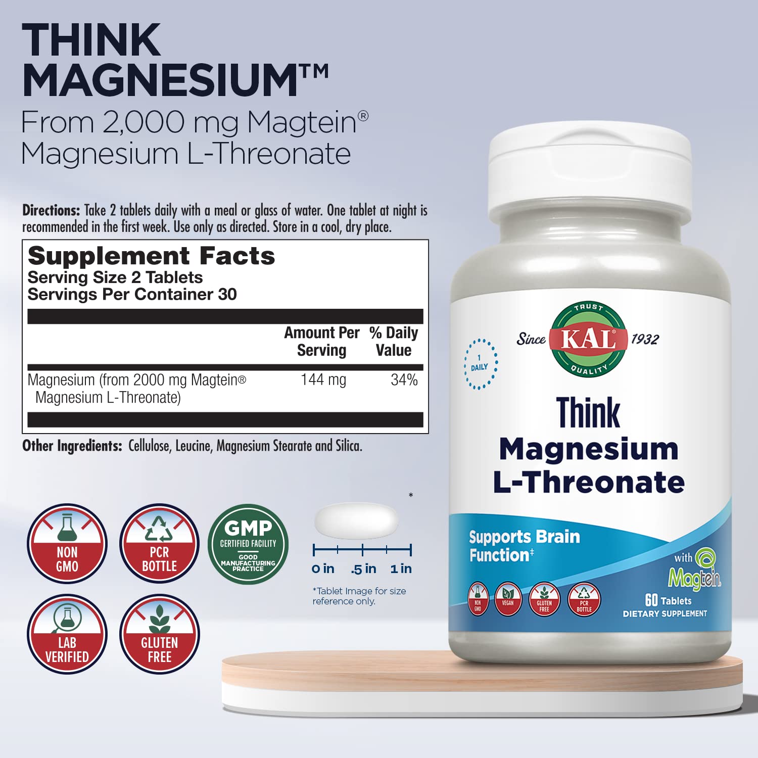 Foto 3 | Suplemento Kal Think L-treonato de Magnesio 2000 Mg 60 Tabletas - Venta Internacional