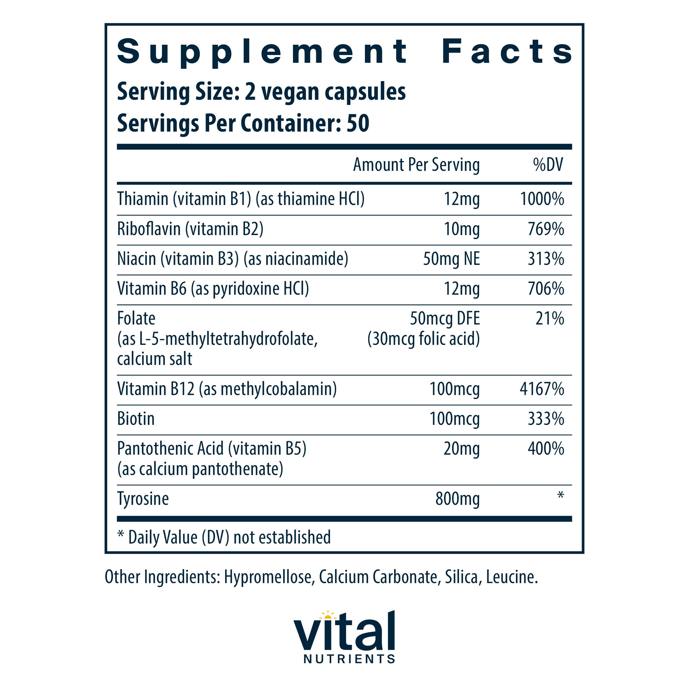 Foto 2 | Suplemento Vital Nutrients Con Tirosina Y Vitaminas B, 100 Cápsulas - Venta Internacional.