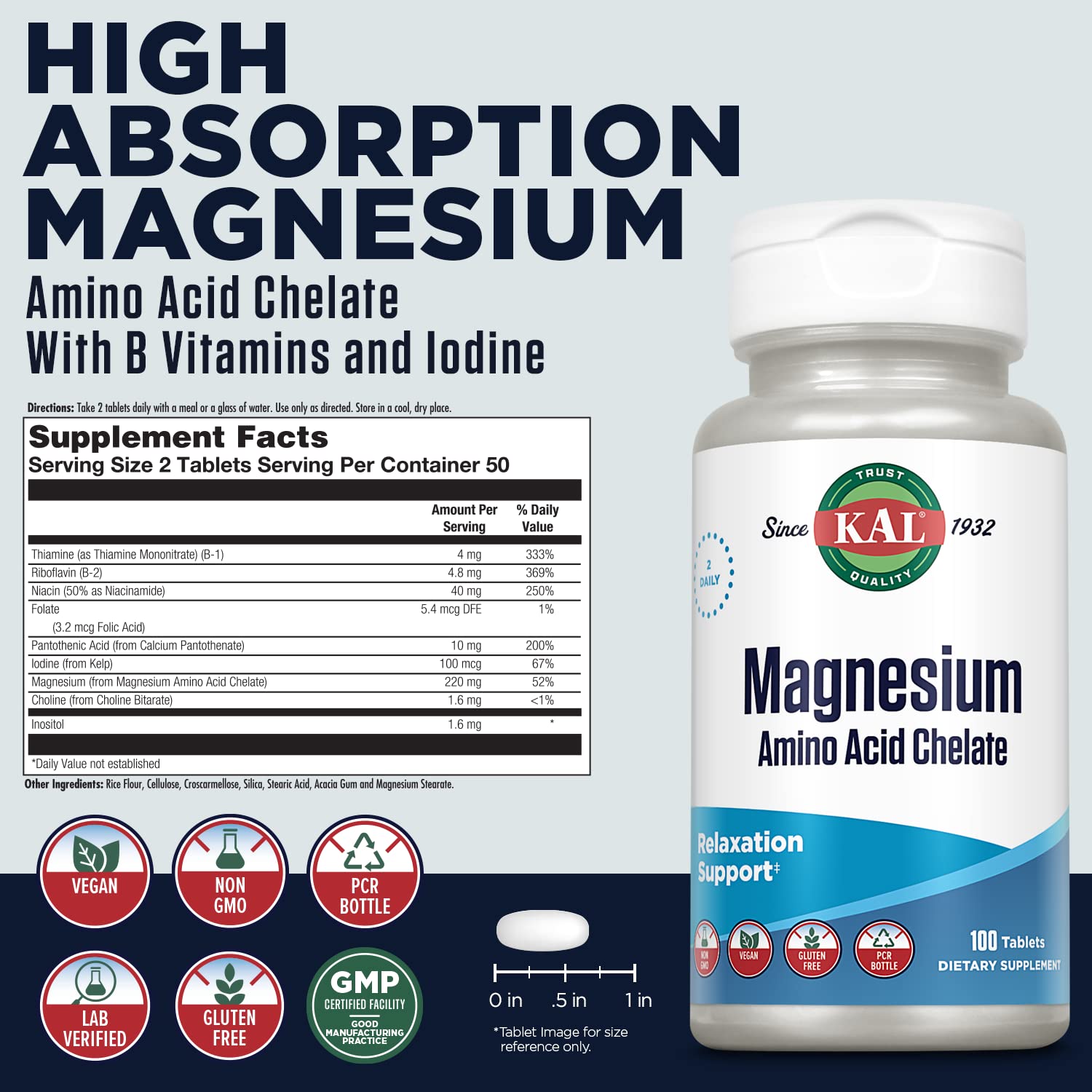 Foto 3 pulgar | Suplemento Kal Quelatadas de Magnesio 220 Mg 100 Tabletas - Venta Internacional