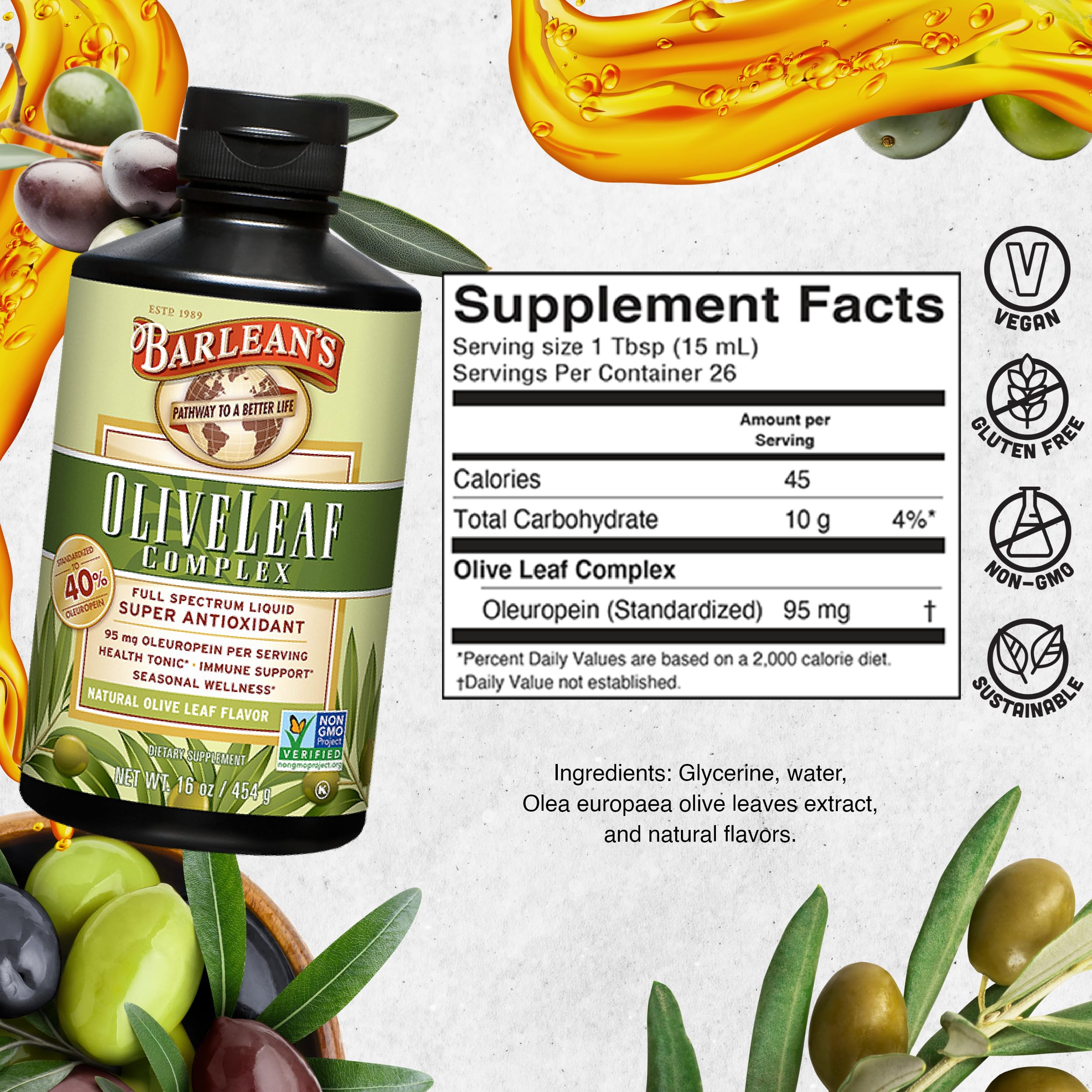 Foto 7 pulgar | Complemente El Complejo De Hojas De Olivo De Barlean 473 Ml Con 95 Mg De Oleuropeína - Venta Internacional.